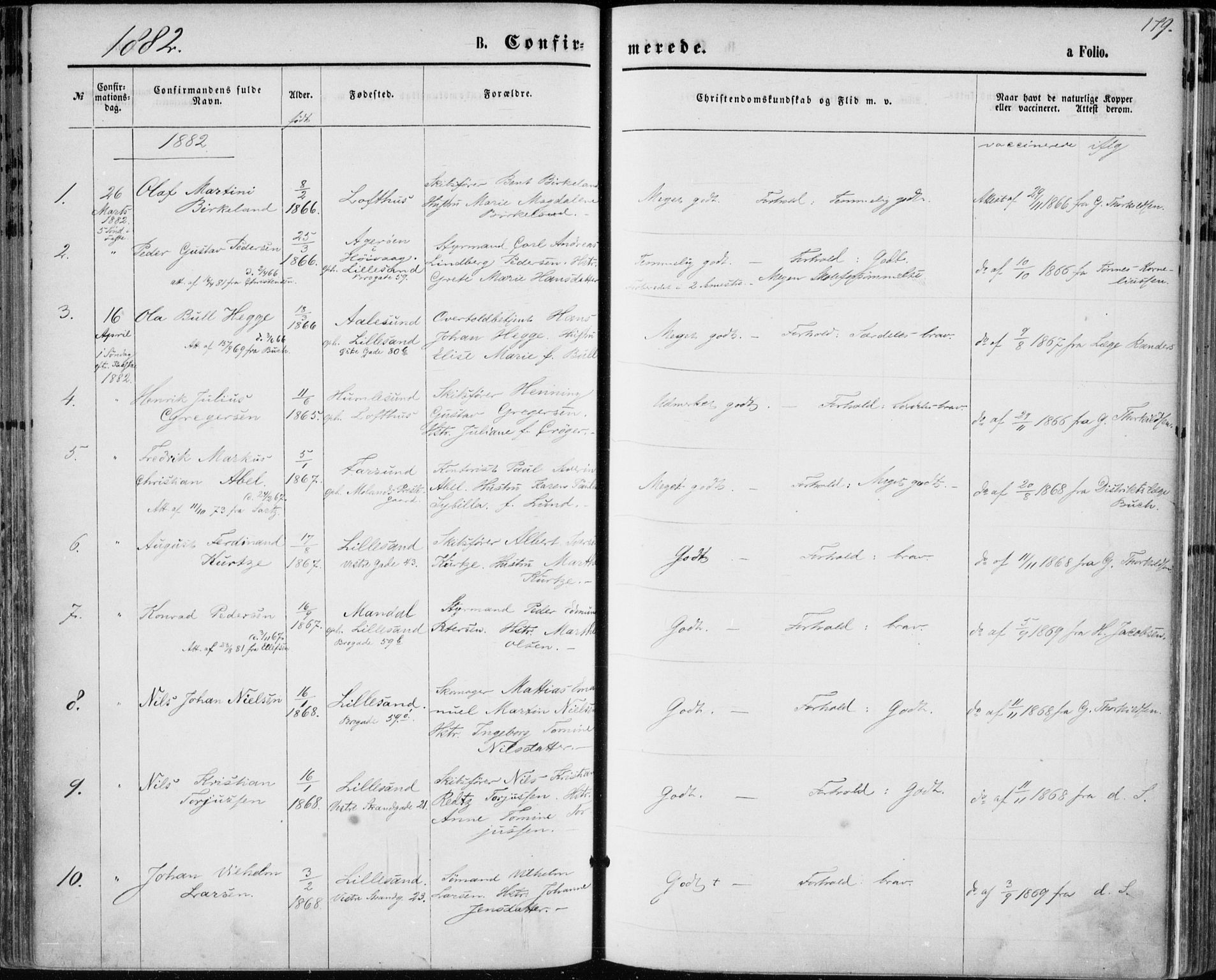 Vestre Moland sokneprestkontor, SAK/1111-0046/F/Fa/Fab/L0008: Parish register (official) no. A 8, 1873-1883, p. 179