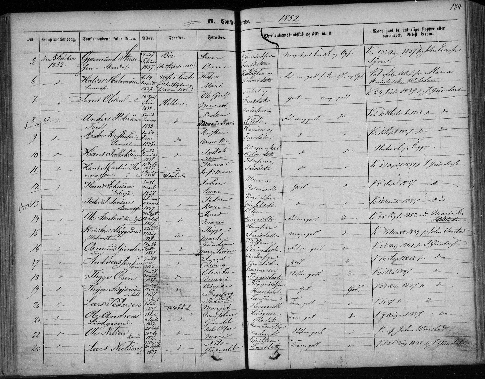 Holla kirkebøker, SAKO/A-272/F/Fa/L0005: Parish register (official) no. 5, 1849-1860, p. 184