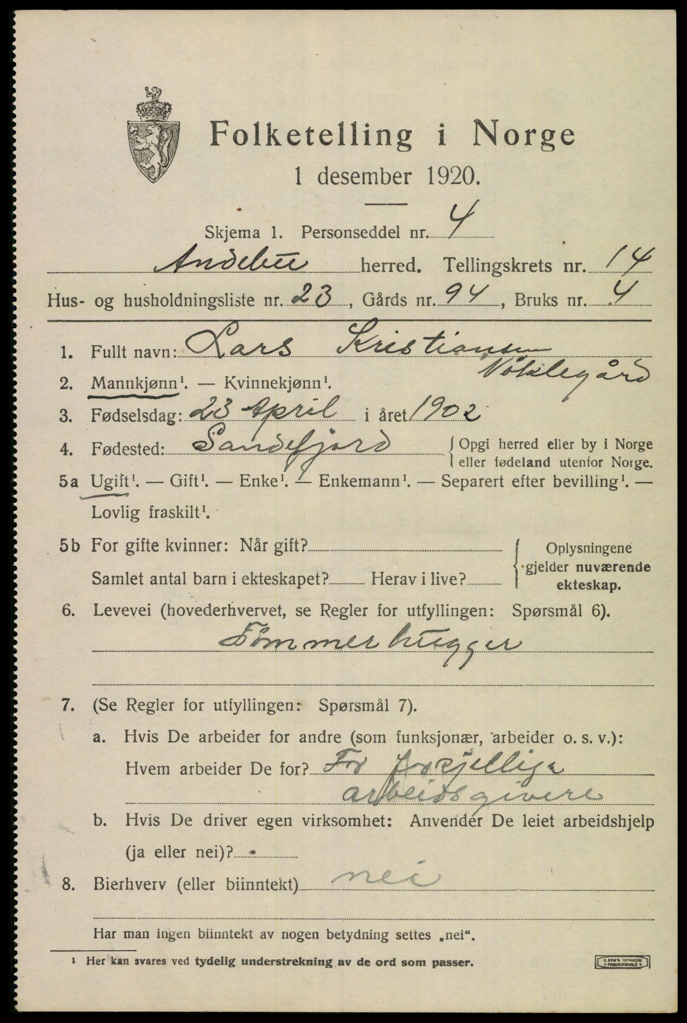 SAKO, 1920 census for Andebu, 1920, p. 5328