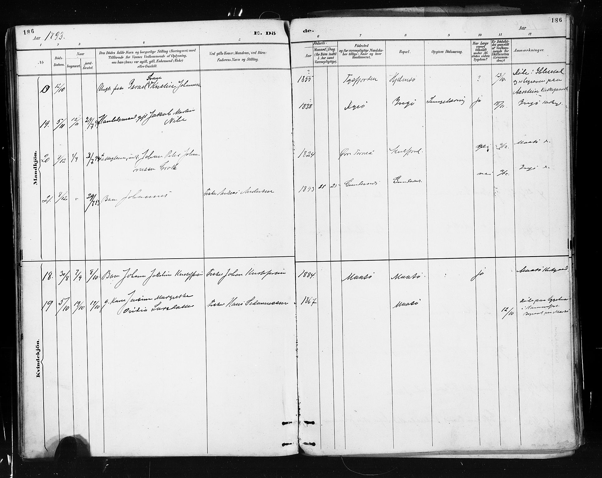 Måsøy sokneprestkontor, AV/SATØ-S-1348/H/Ha/L0005kirke: Parish register (official) no. 5, 1892-1902, p. 186