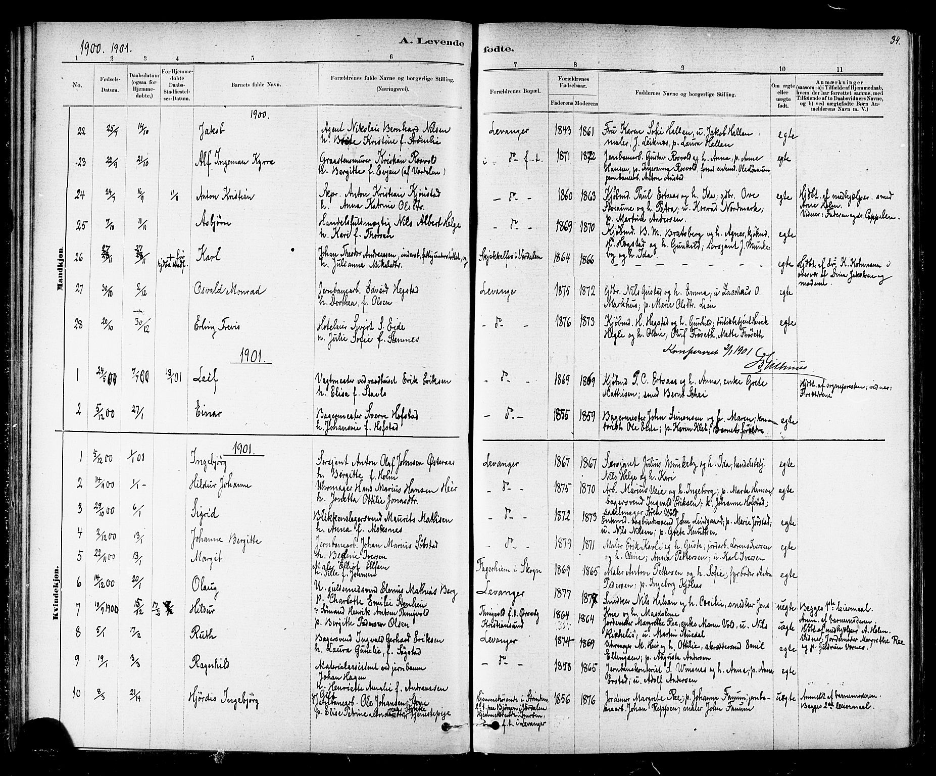 Ministerialprotokoller, klokkerbøker og fødselsregistre - Nord-Trøndelag, SAT/A-1458/720/L0192: Parish register (copy) no. 720C01, 1880-1917, p. 34