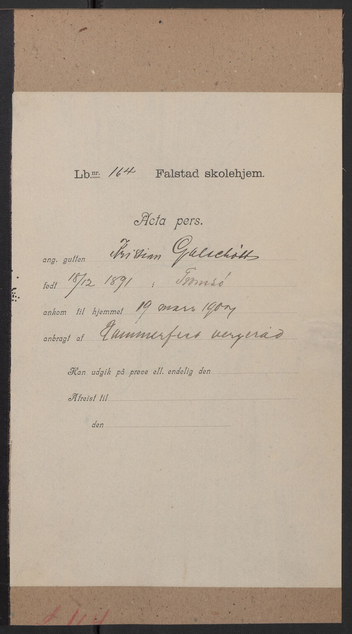 Falstad skolehjem, AV/RA-S-1676/E/Eb/L0007: Elevmapper løpenr. 146-168, 1905-1911, p. 303