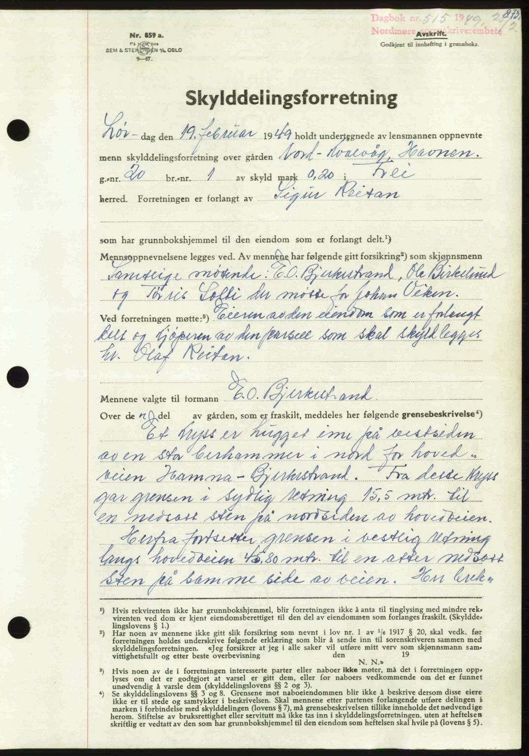 Nordmøre sorenskriveri, AV/SAT-A-4132/1/2/2Ca: Mortgage book no. A110, 1948-1949, Diary no: : 515/1949