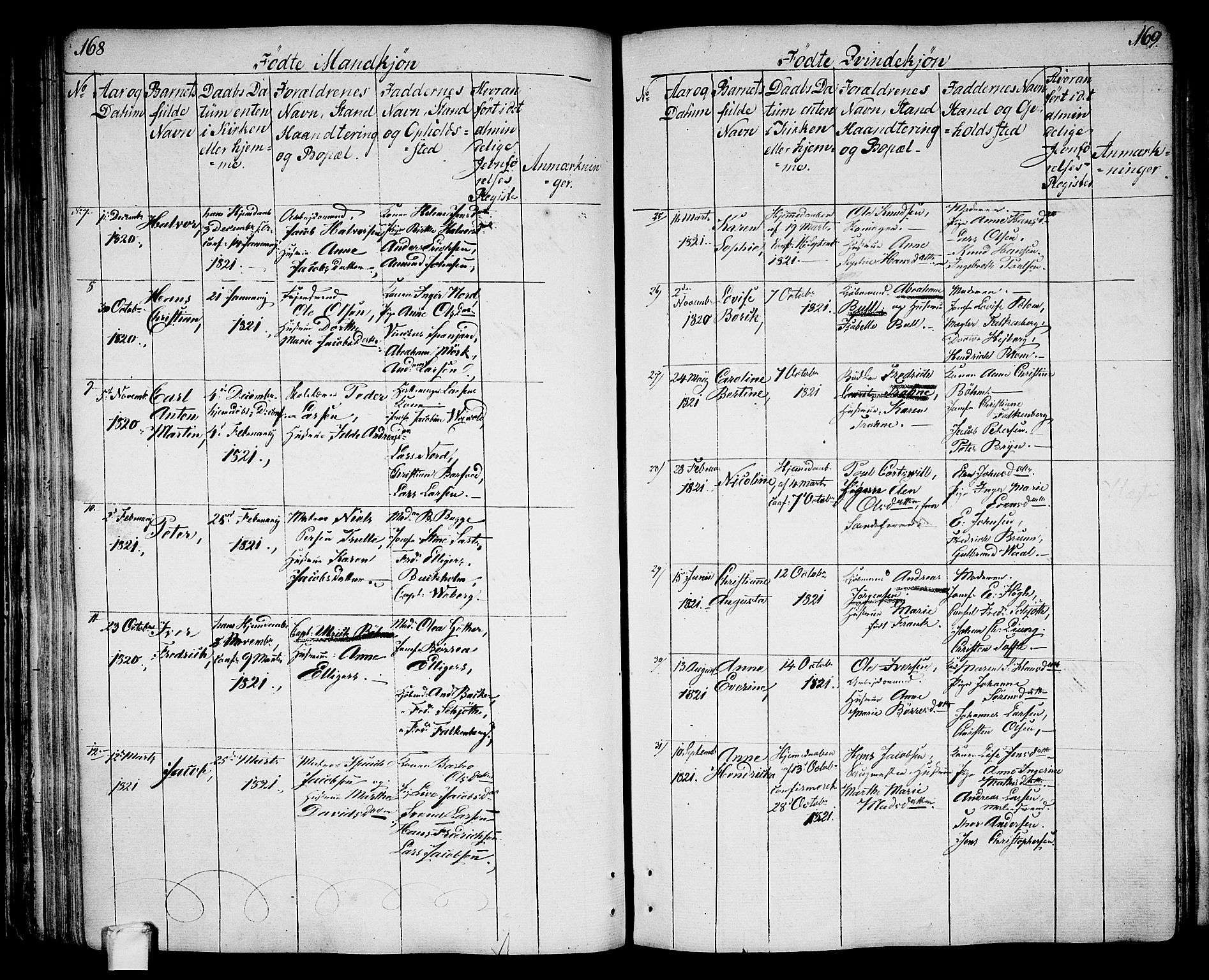 Larvik kirkebøker, AV/SAKO-A-352/G/Ga/L0002: Parish register (copy) no. I 2, 1807-1830, p. 168-169