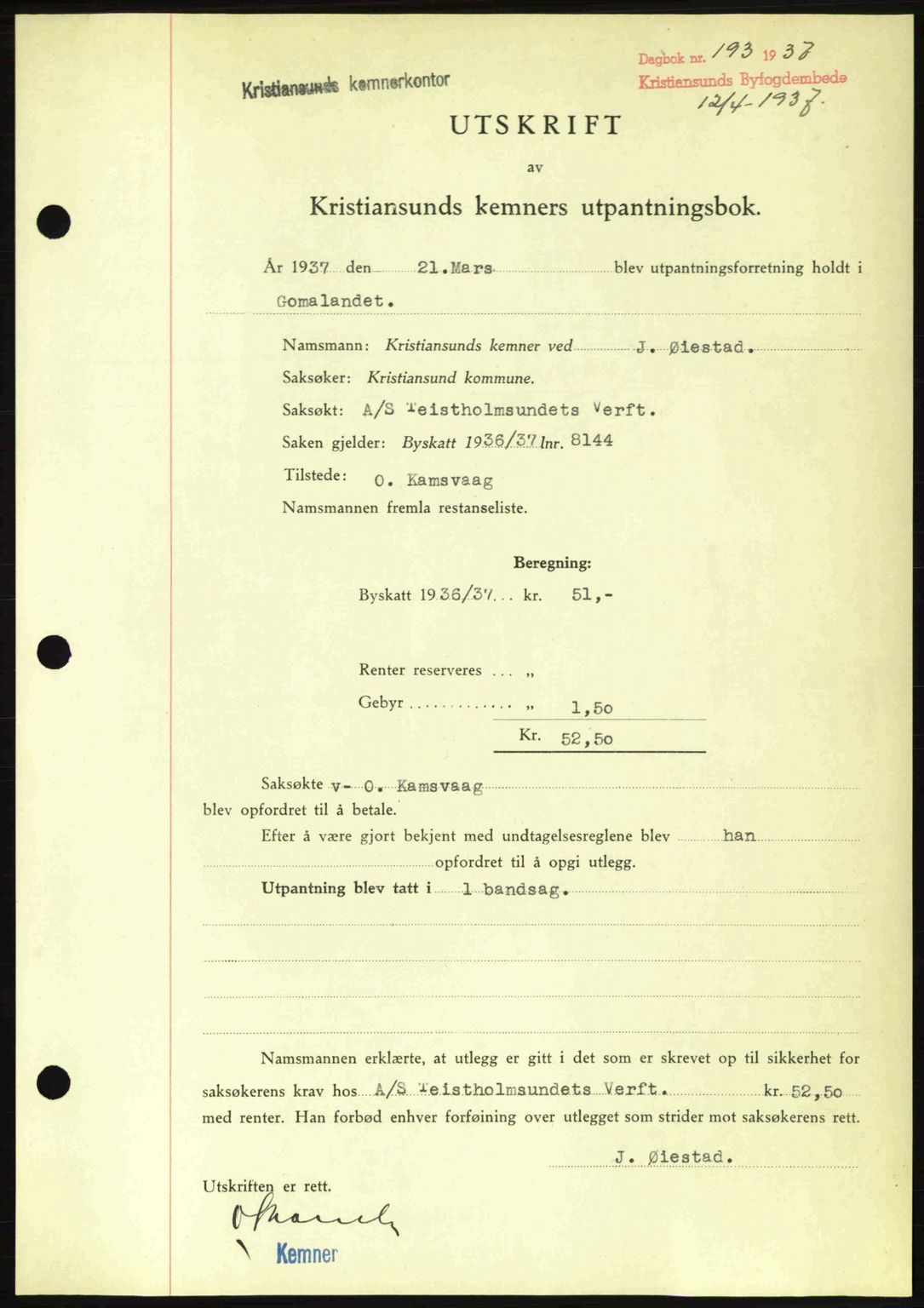 Kristiansund byfogd, AV/SAT-A-4587/A/27: Mortgage book no. 29, 1936-1937, Diary no: : 193/1937