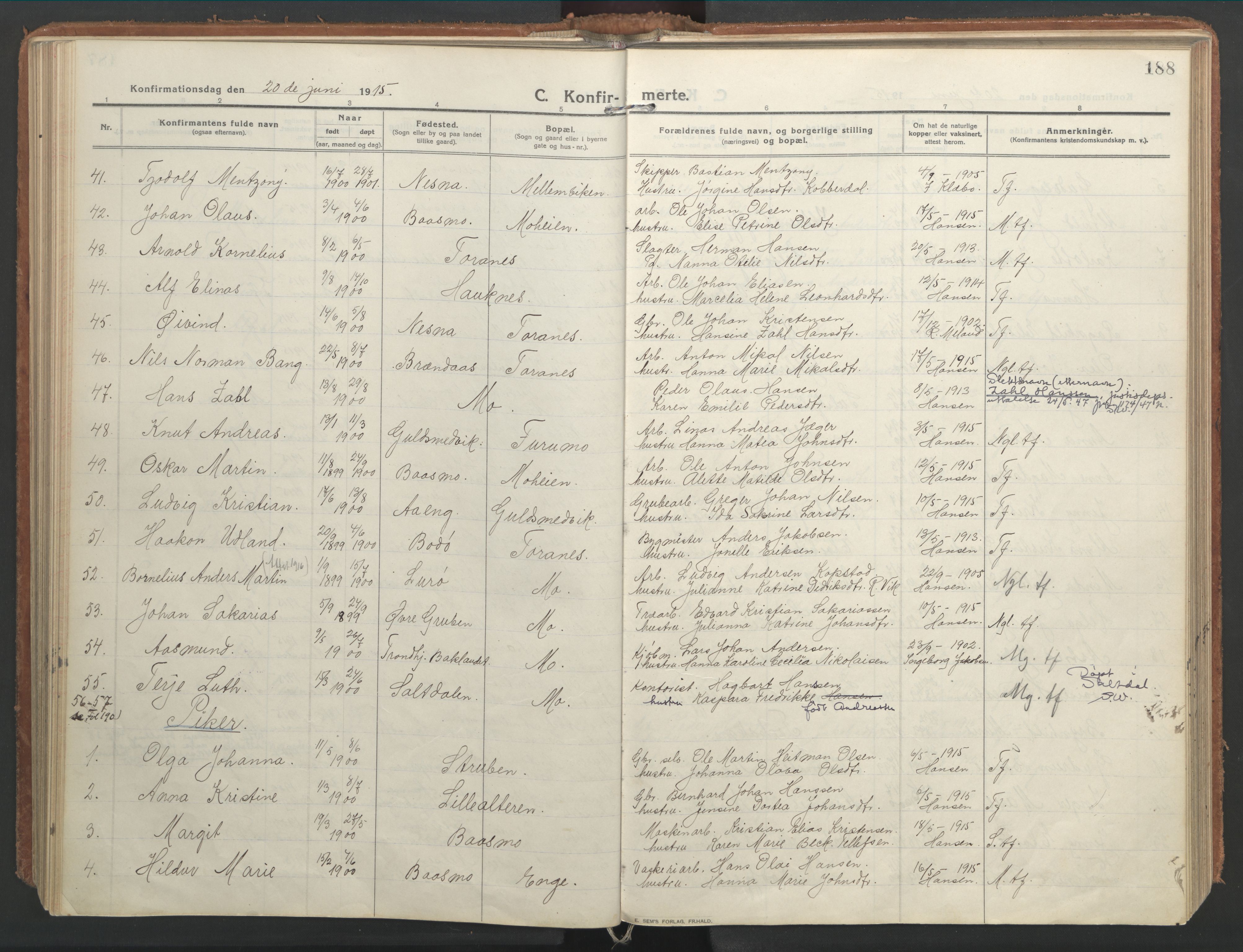 Ministerialprotokoller, klokkerbøker og fødselsregistre - Nordland, SAT/A-1459/827/L0404: Parish register (official) no. 827A16, 1912-1925, p. 188