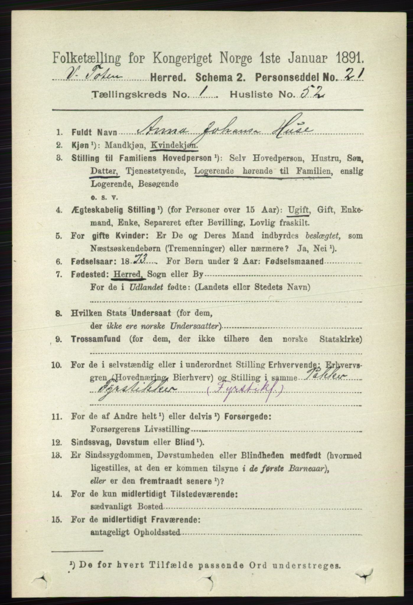 RA, 1891 census for 0529 Vestre Toten, 1891, p. 599