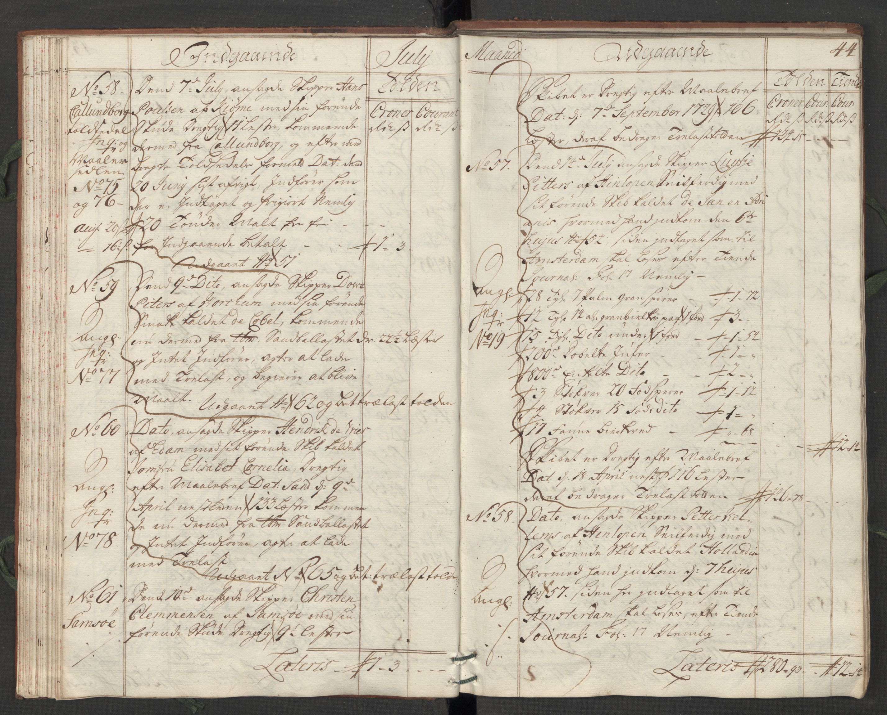 Generaltollkammeret, tollregnskaper, AV/RA-EA-5490/R07/L0009/0001: Tollregnskaper Sand / Hovedtollbok, 1731, p. 43b-44a