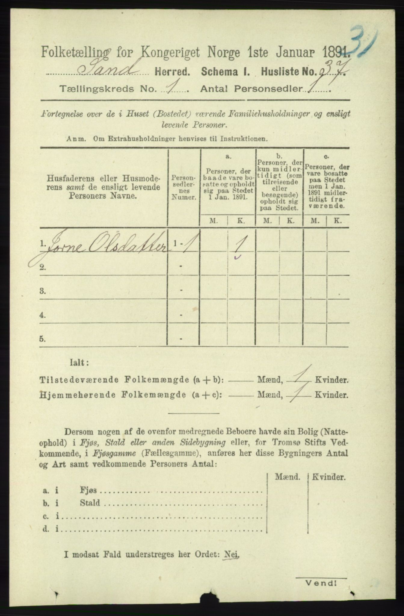 RA, 1891 census for 1136 Sand, 1891, p. 52