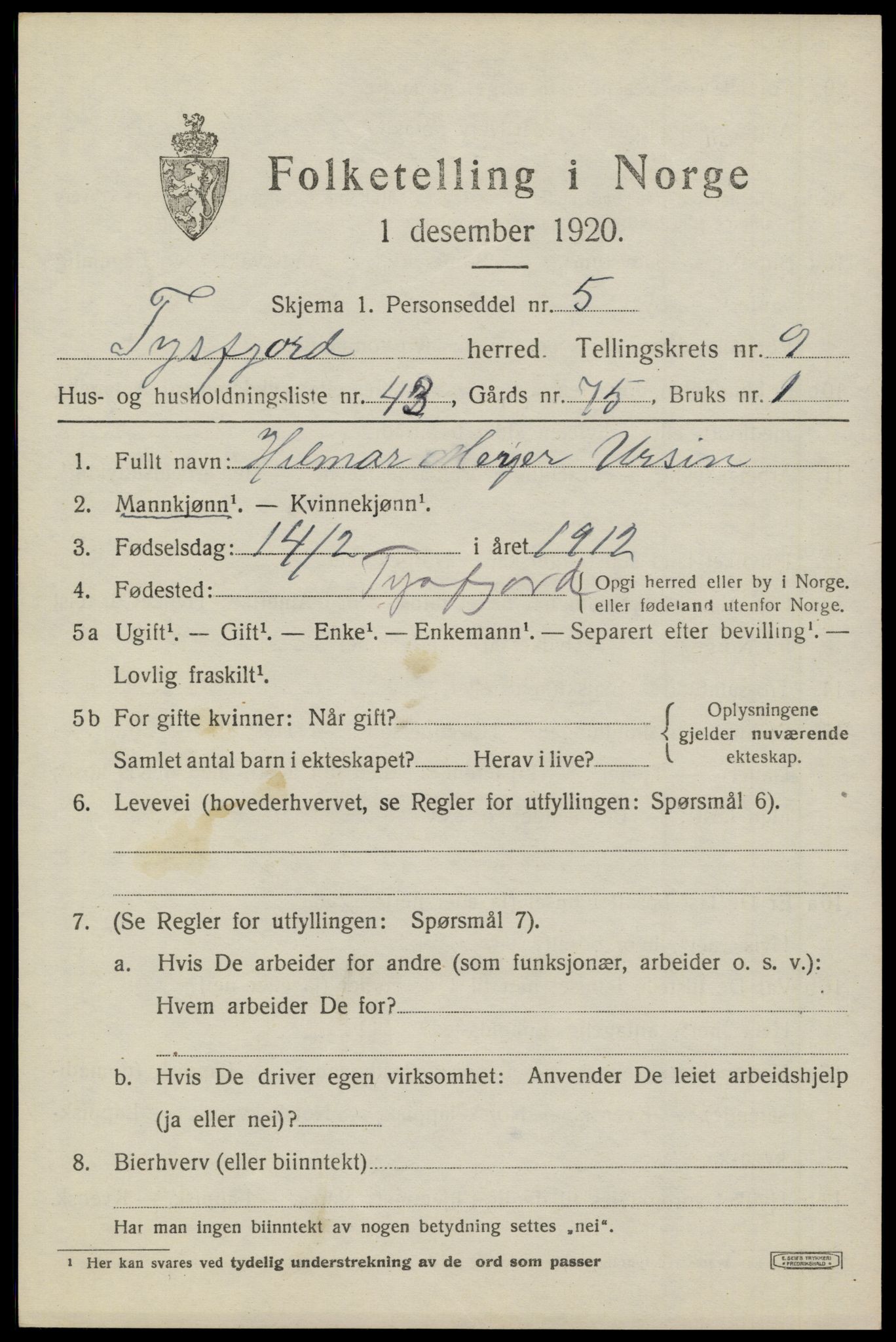 SAT, 1920 census for Tysfjord, 1920, p. 6769