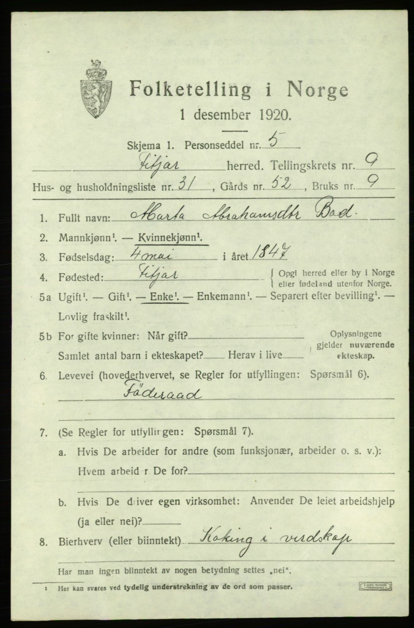 SAB, 1920 census for Fitjar, 1920, p. 4086