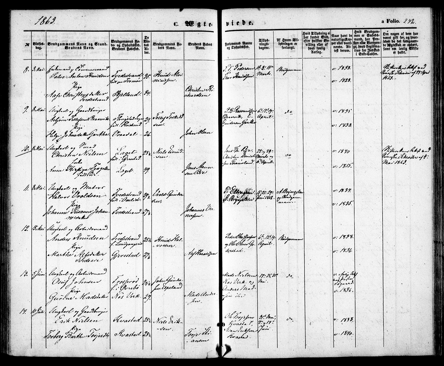 Holt sokneprestkontor, AV/SAK-1111-0021/F/Fa/L0009: Parish register (official) no. A 9, 1861-1871, p. 242