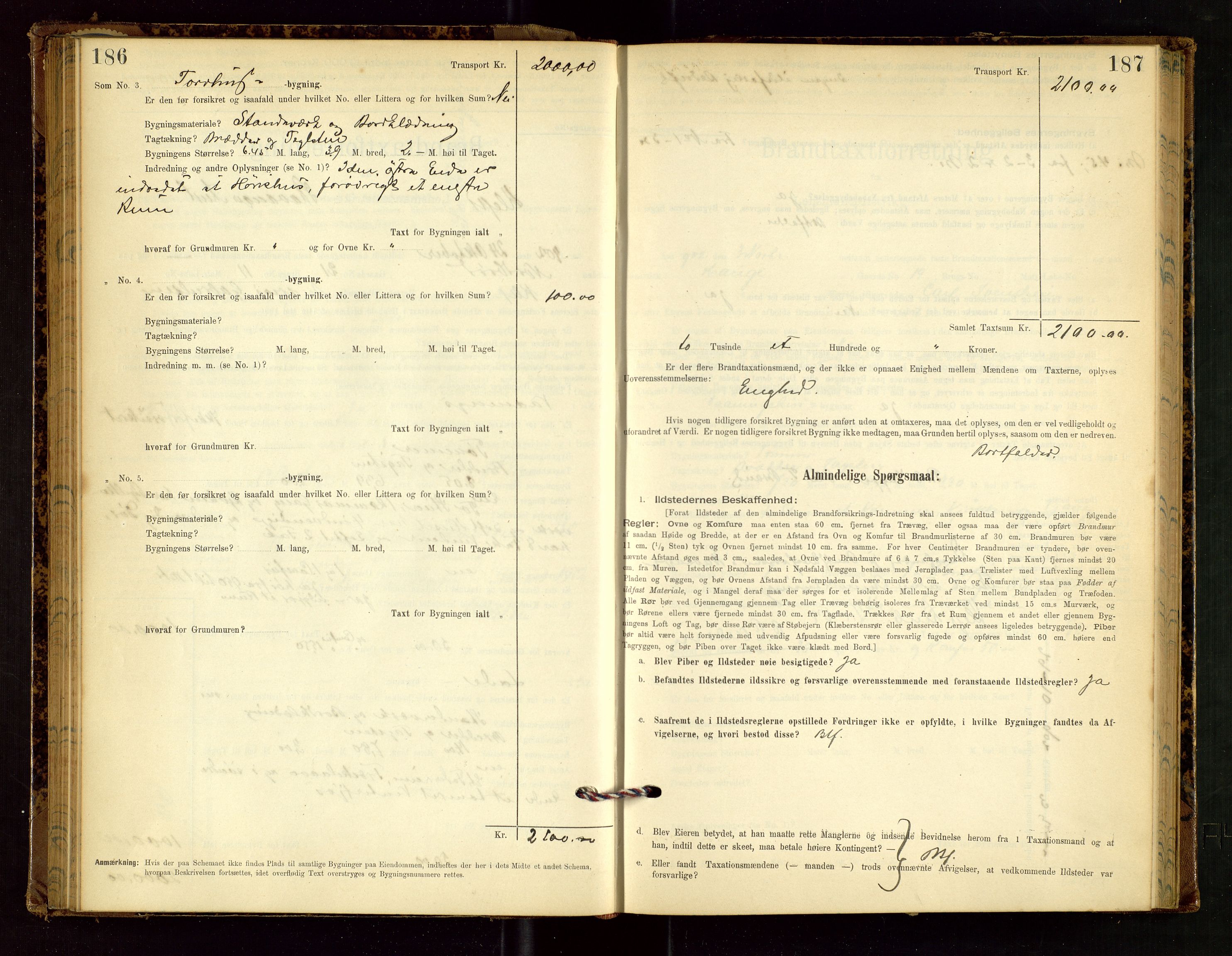 Klepp lensmannskontor, SAST/A-100163/Goc/L0002: "Brandtaxationsprotokol" m/register, 1898-1902, p. 186-187