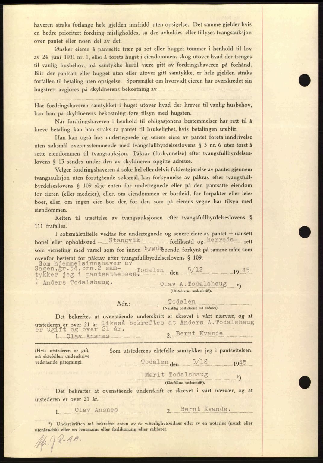 Nordmøre sorenskriveri, AV/SAT-A-4132/1/2/2Ca: Mortgage book no. B93a, 1945-1945, Diary no: : 1640/1945