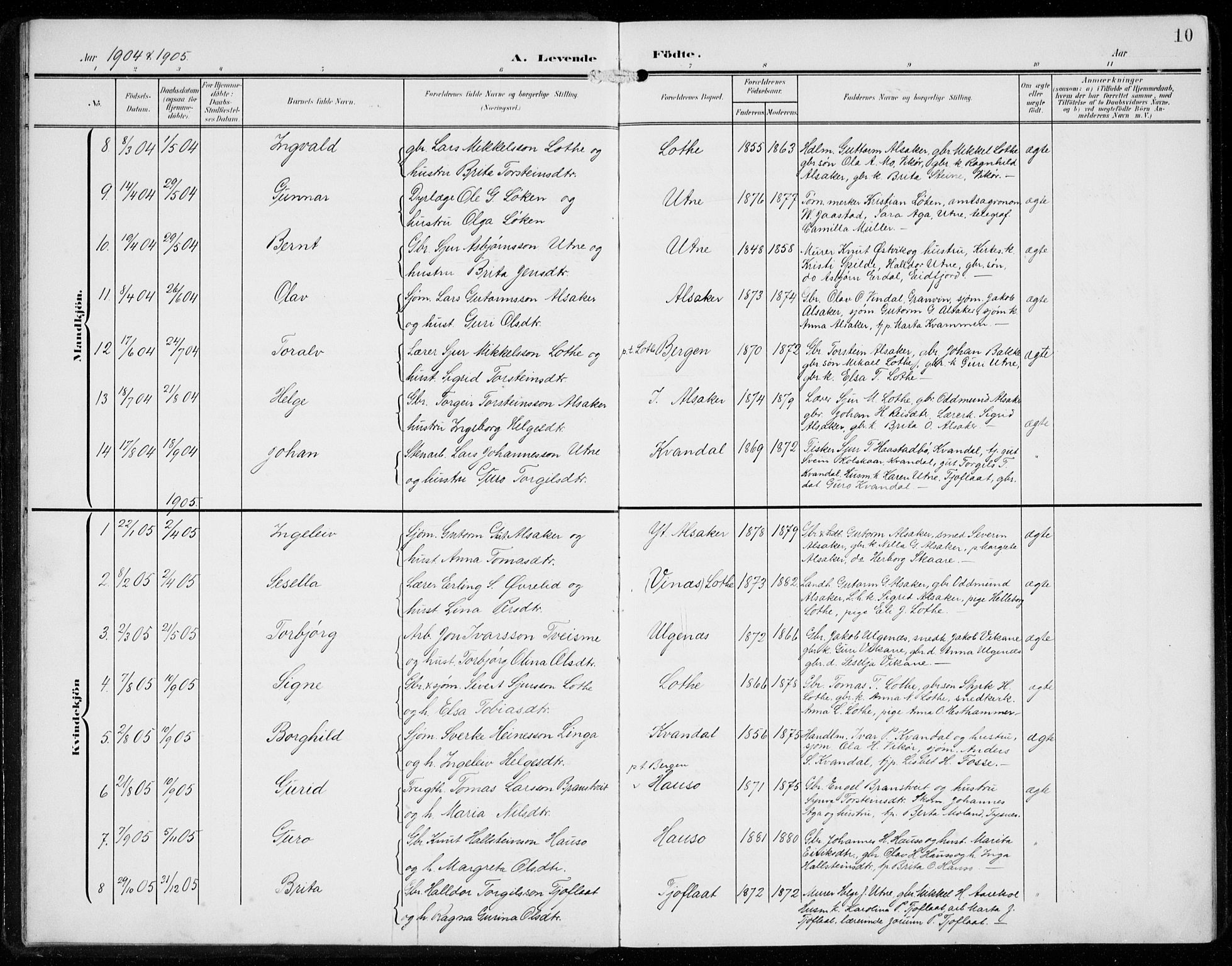 Ullensvang sokneprestembete, SAB/A-78701/H/Hab: Parish register (copy) no. F  1, 1902-1935, p. 10