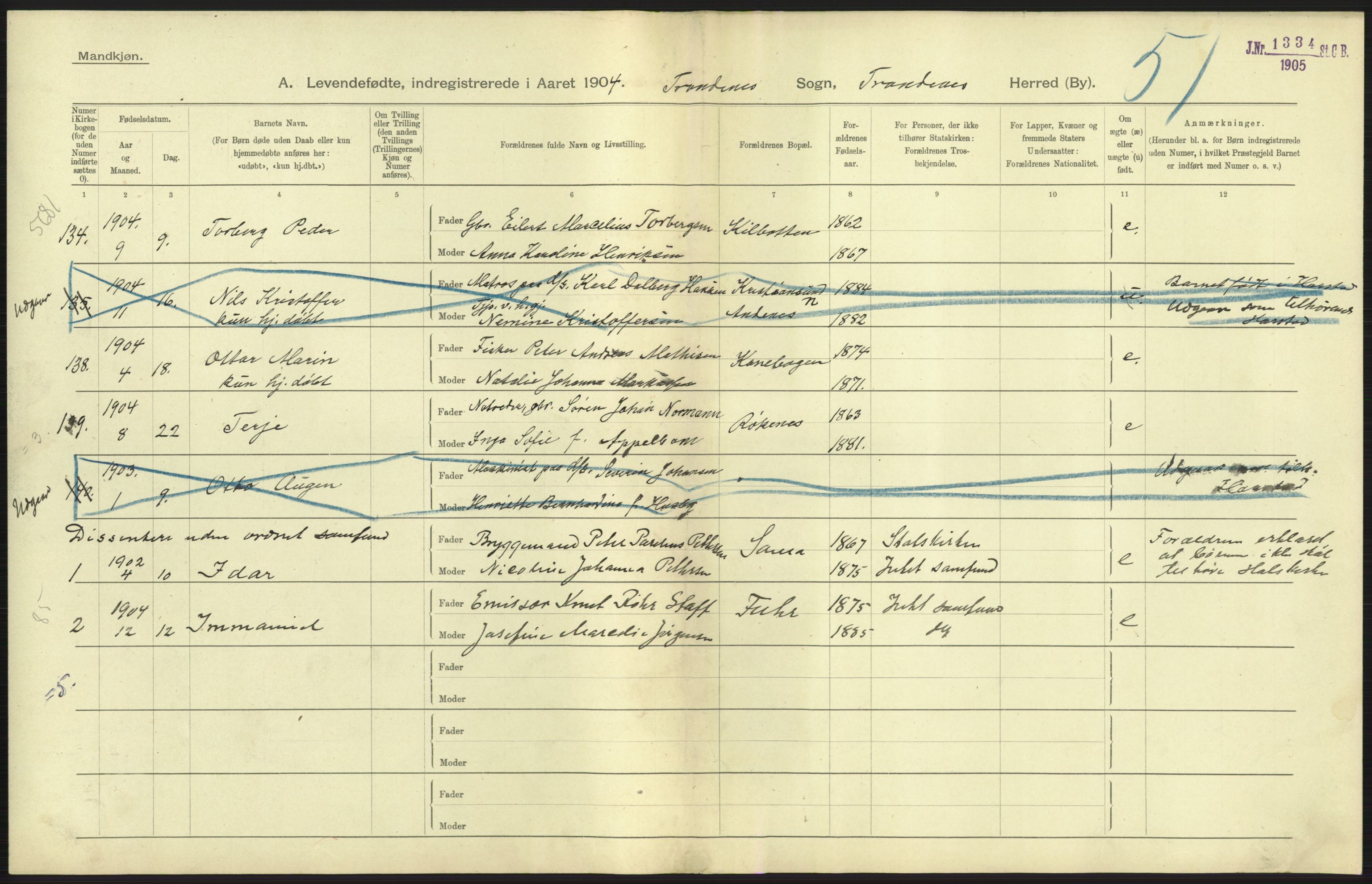 Statistisk sentralbyrå, Sosiodemografiske emner, Befolkning, AV/RA-S-2228/D/Df/Dfa/Dfab/L0022: Tromsø amt: Fødte, gifte, døde, 1904, p. 257