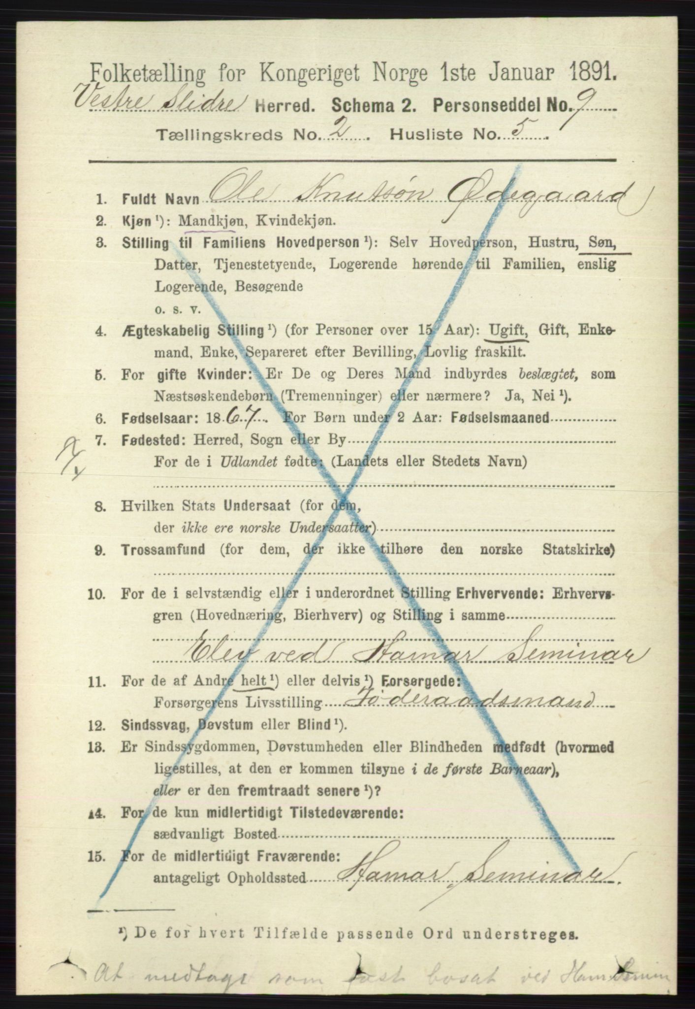 RA, 1891 census for 0543 Vestre Slidre, 1891, p. 549