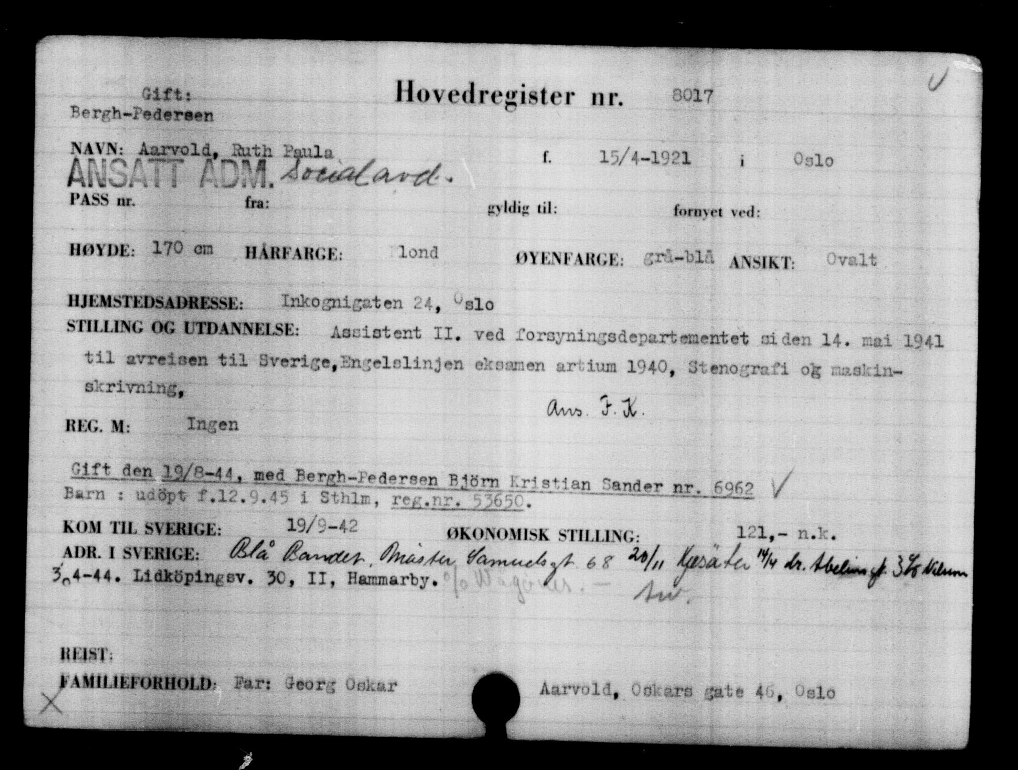 Utenriksstasjonene, Legasjonen i Stockholm, Flyktningkontoret, AV/RA-S-6753/V/Va/L0005: Kjesäterkartoteket, flyktninger med registreringsnr. 6600-9417, 1940-1945, p. 1662