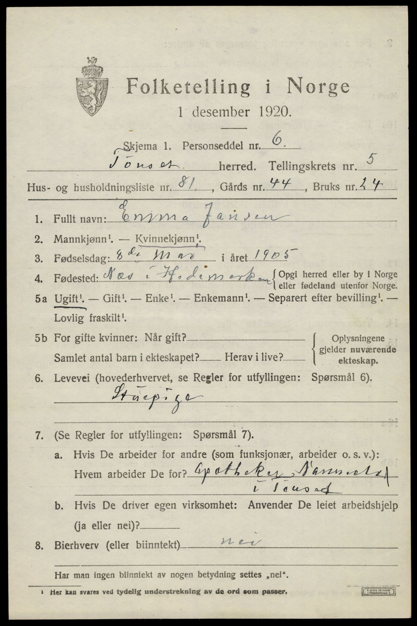 SAH, 1920 census for Tynset, 1920, p. 5476