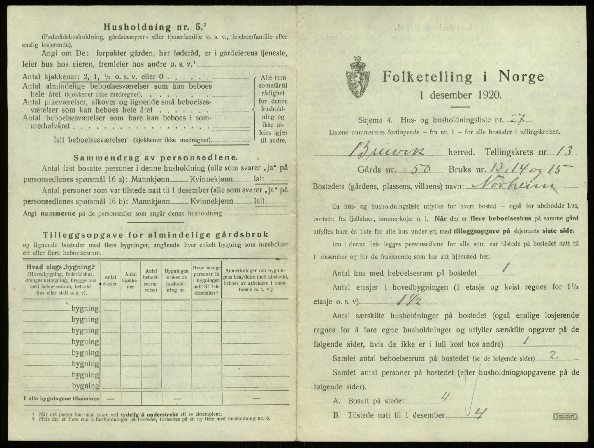 SAB, 1920 census for Bruvik, 1920, p. 935