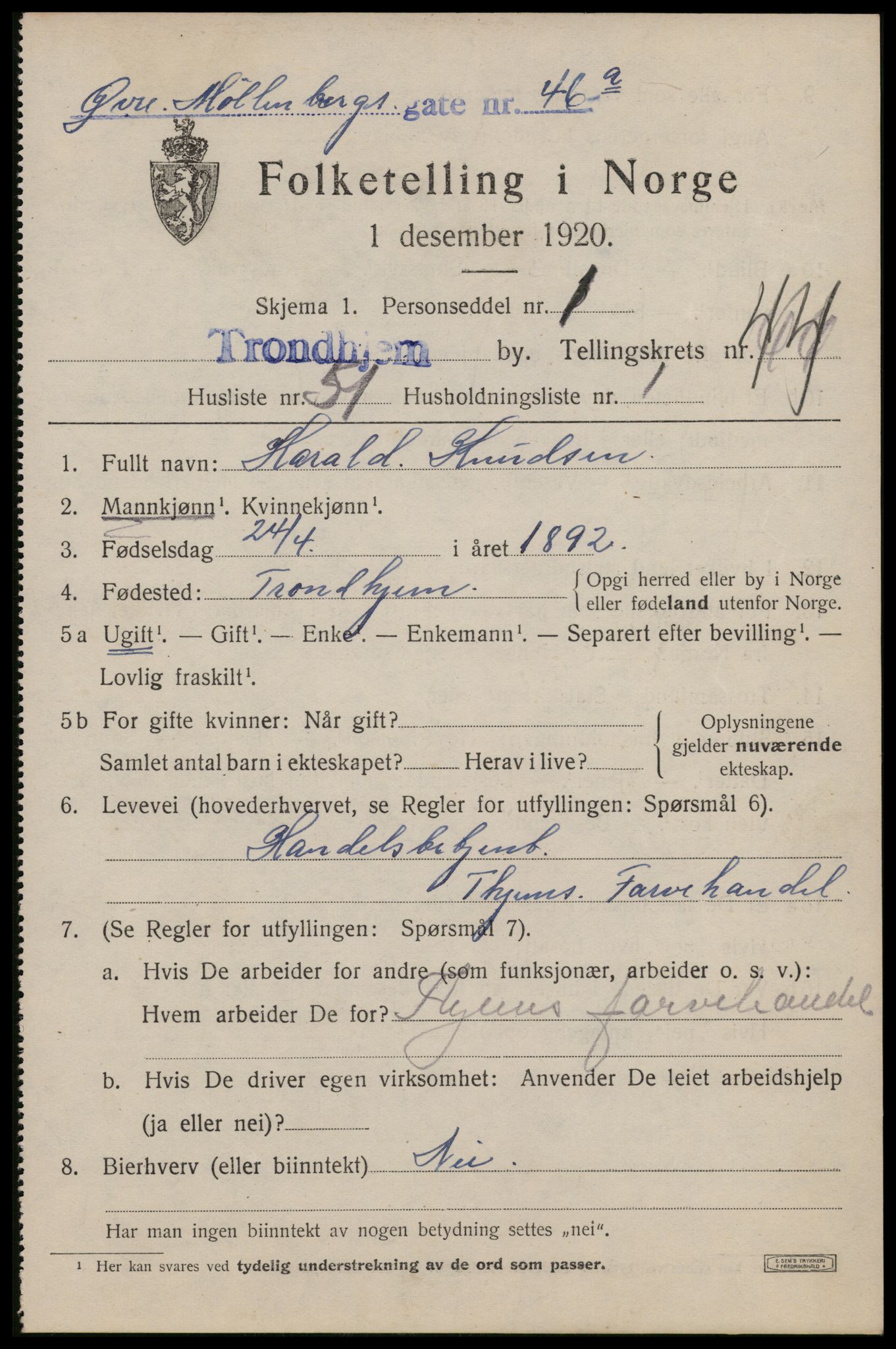 SAT, 1920 census for Trondheim, 1920, p. 96118