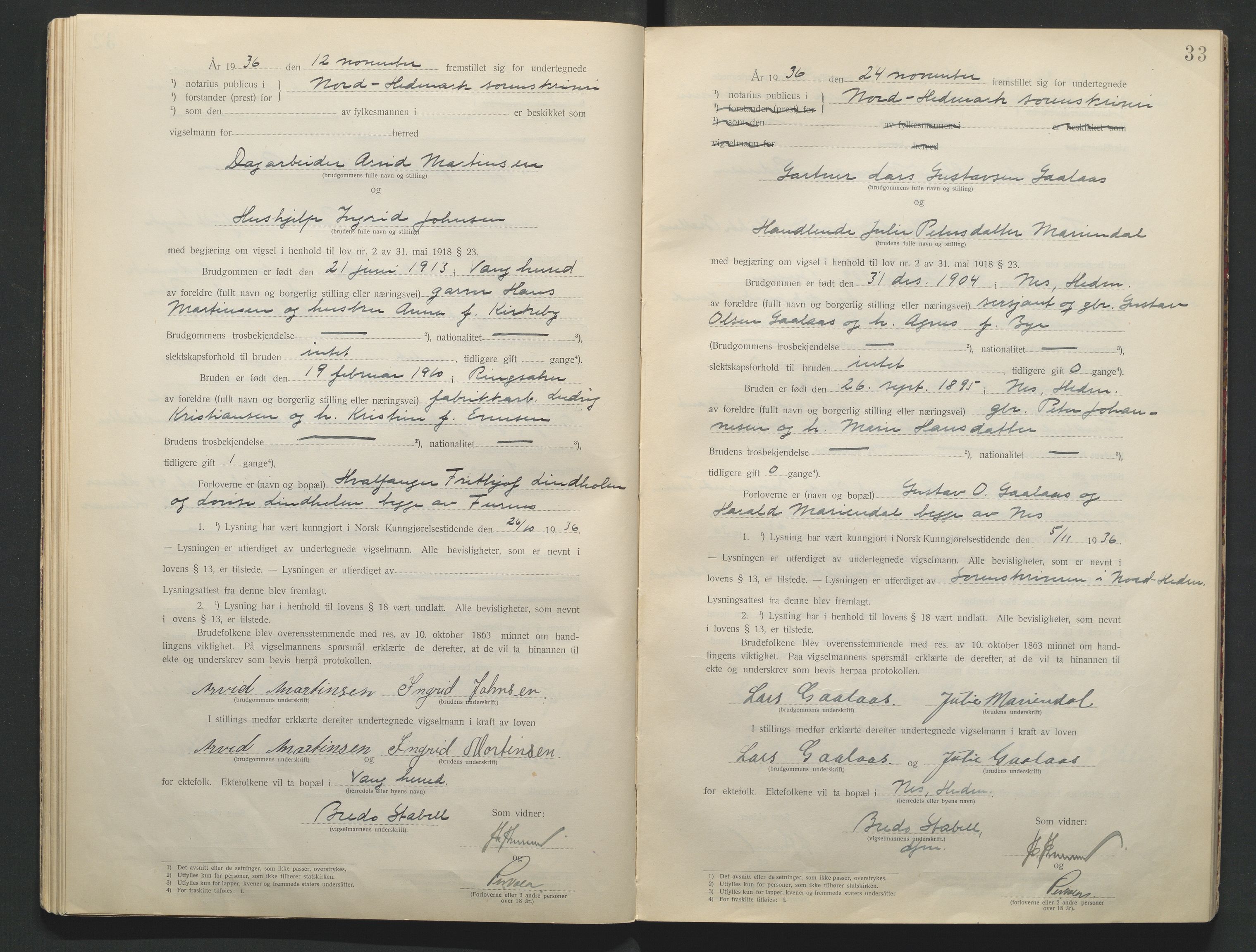 Nord-Hedmark sorenskriveri, AV/SAH-TING-012/L/Lc/L0001/0001: Vigselsprotokoller / Vigselsprotokoll, 1920-1942, p. 33