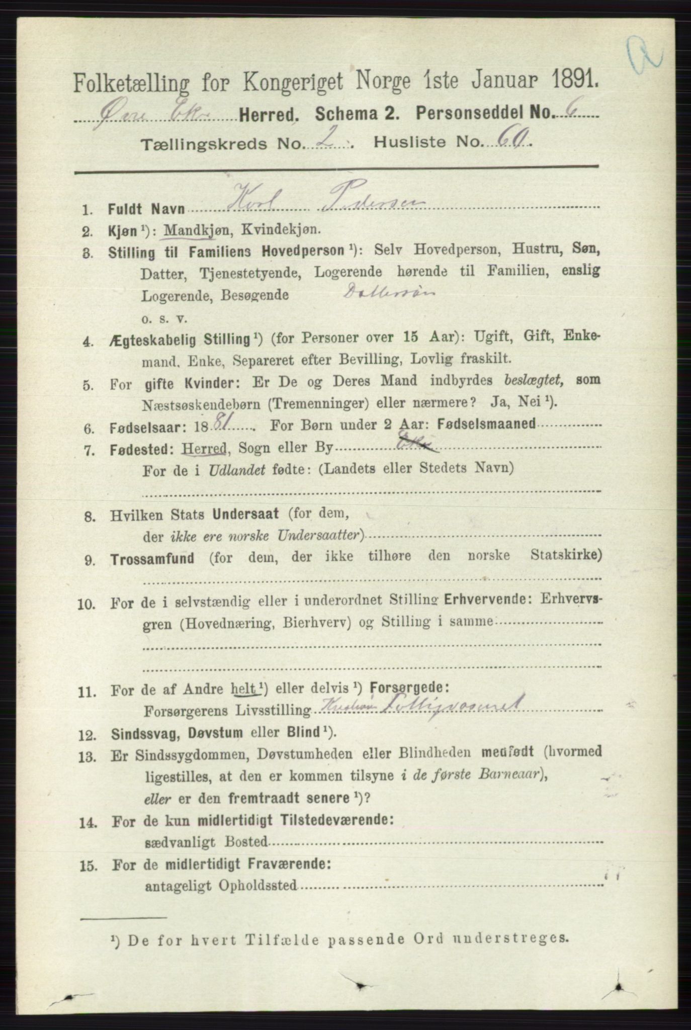 RA, 1891 census for 0624 Øvre Eiker, 1891, p. 882