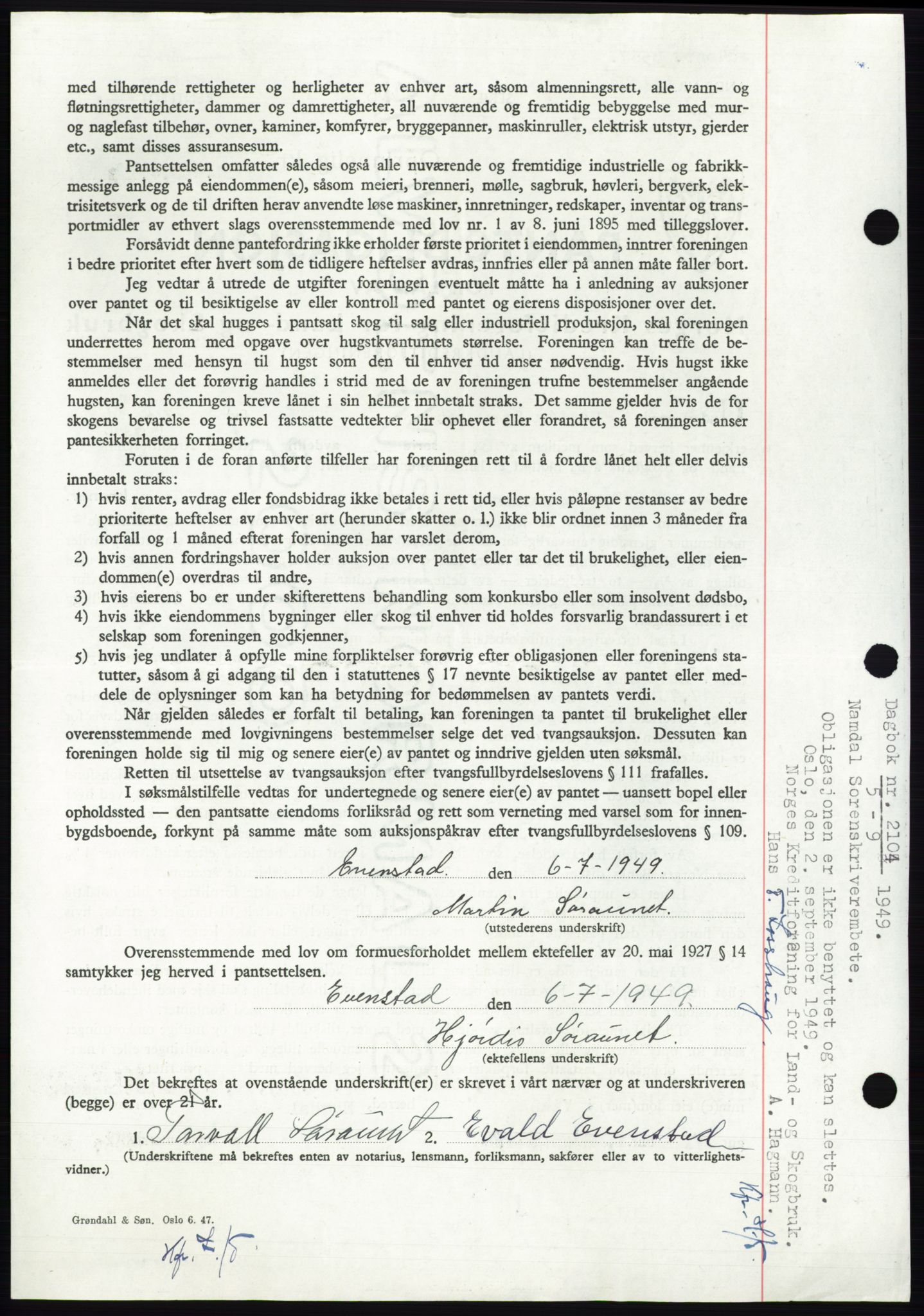 Namdal sorenskriveri, AV/SAT-A-4133/1/2/2C: Mortgage book no. -, 1949-1949, Diary no: : 1600/1949