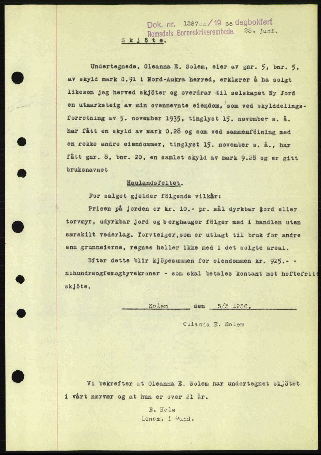 Romsdal sorenskriveri, AV/SAT-A-4149/1/2/2C: Mortgage book no. A1, 1936-1936, Diary no: : 1387/1936