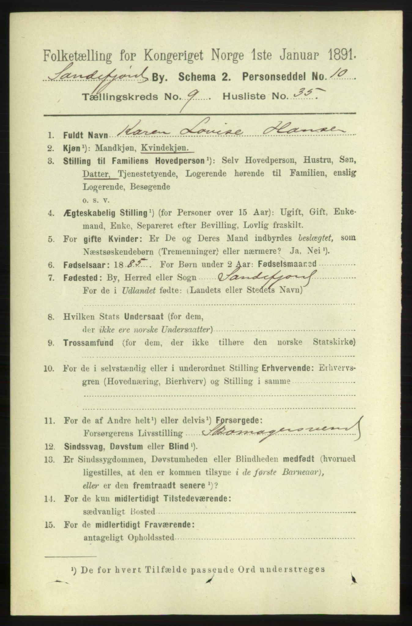 RA, 1891 census for 0706 Sandefjord, 1891, p. 3740