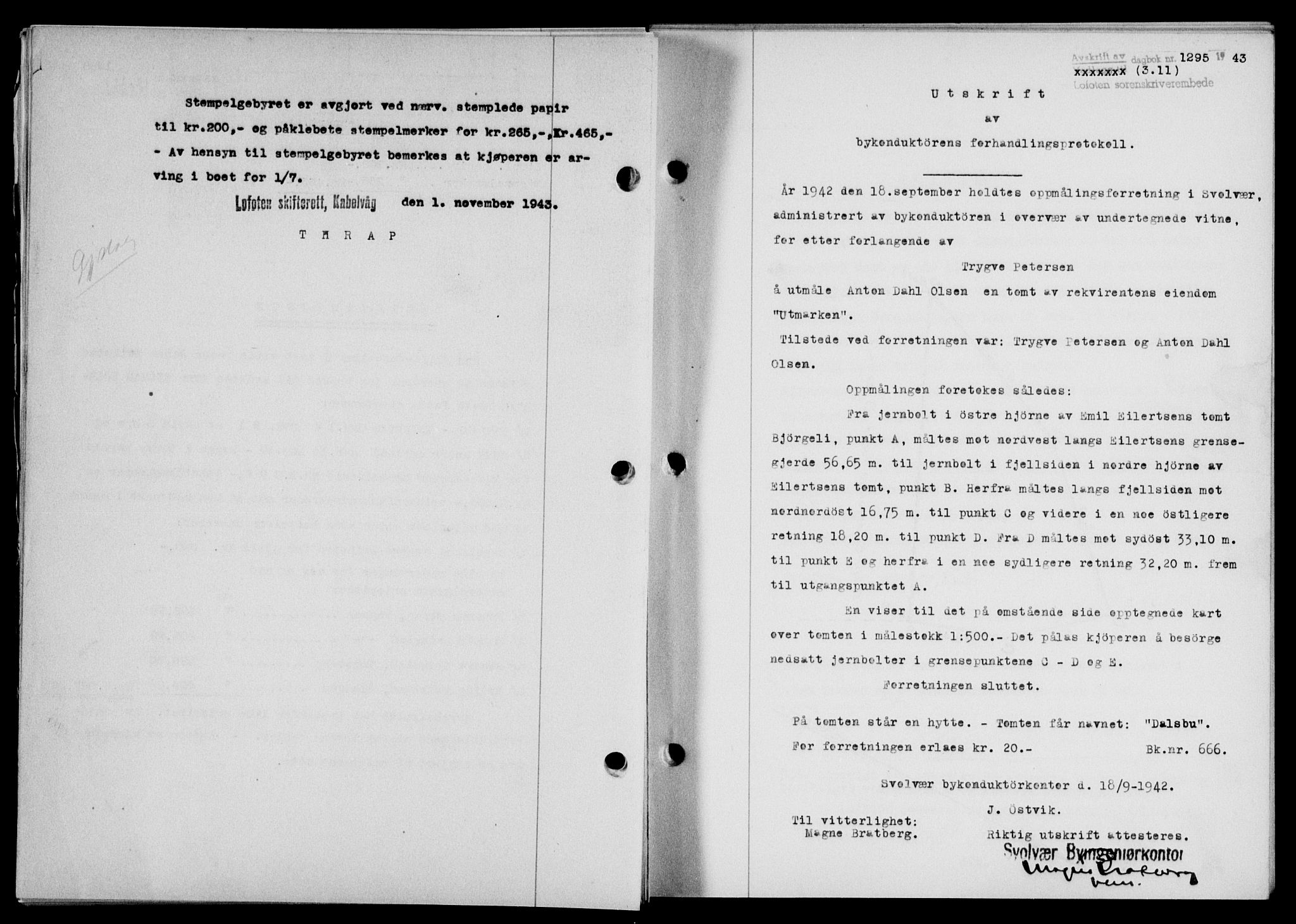 Lofoten sorenskriveri, SAT/A-0017/1/2/2C/L0011a: Mortgage book no. 11a, 1943-1943, Diary no: : 1295/1943