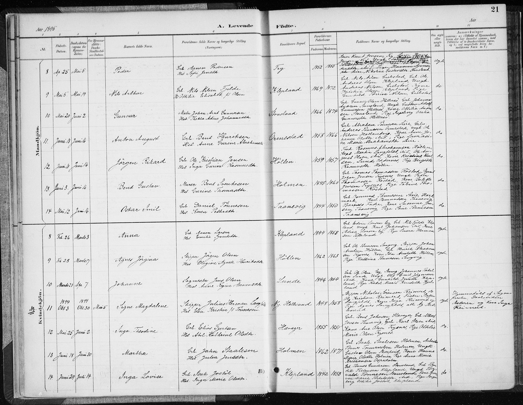 Søgne sokneprestkontor, SAK/1111-0037/F/Fa/Fab/L0013: Parish register (official) no. A 13, 1892-1911, p. 21