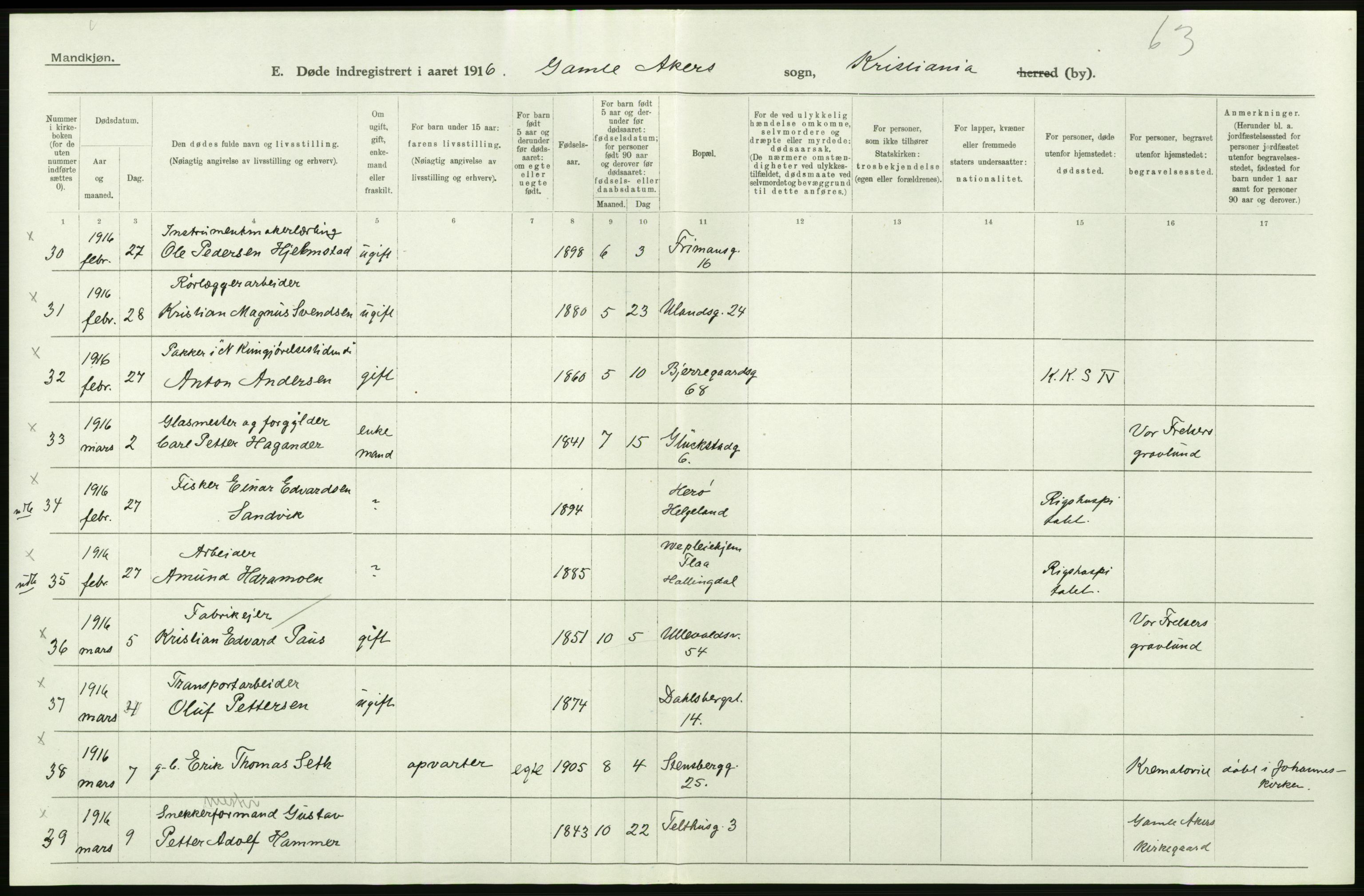 Statistisk sentralbyrå, Sosiodemografiske emner, Befolkning, AV/RA-S-2228/D/Df/Dfb/Dfbf/L0010: Kristiania: Døde, dødfødte., 1916, p. 270