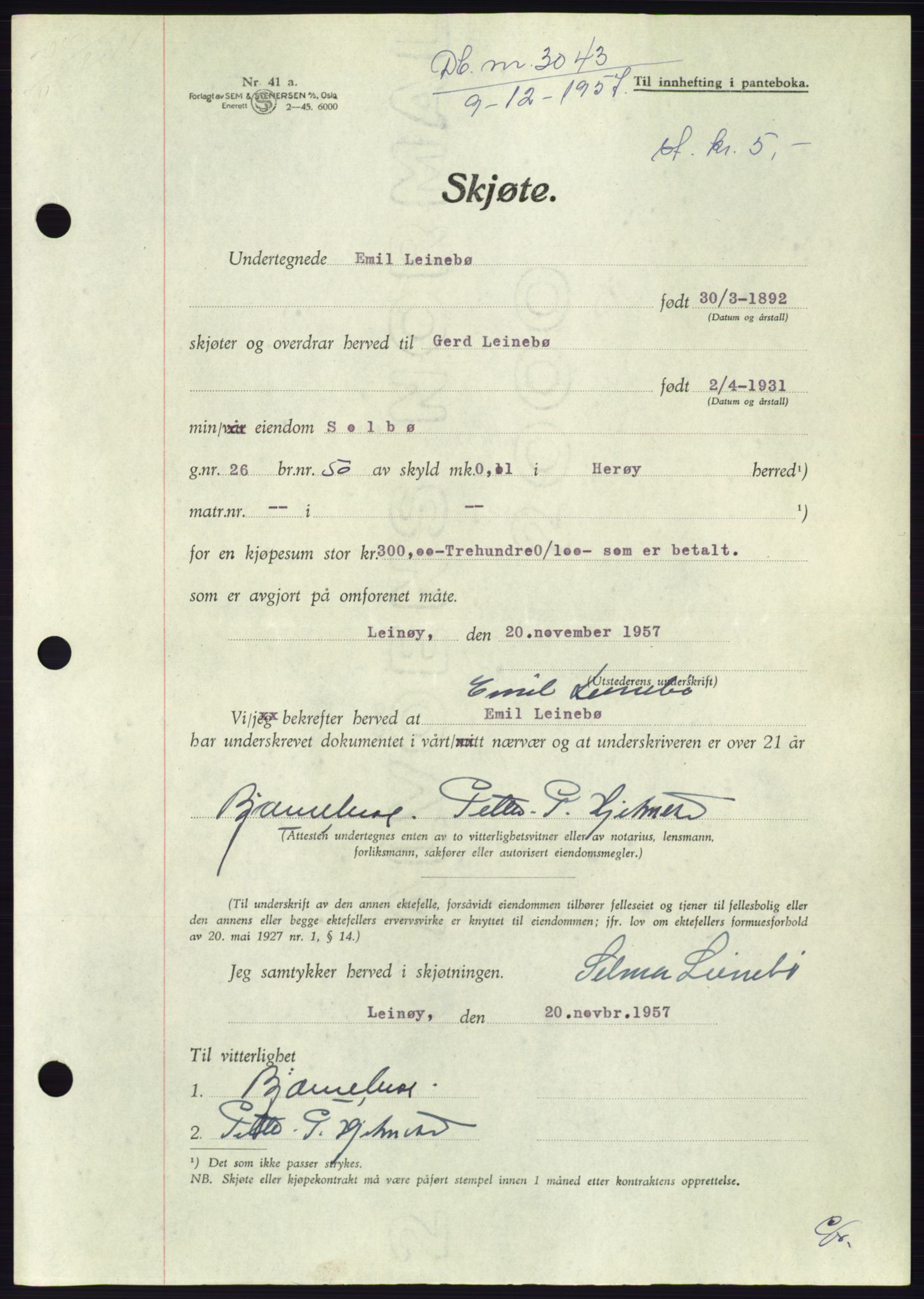 Søre Sunnmøre sorenskriveri, AV/SAT-A-4122/1/2/2C/L0108: Mortgage book no. 34A, 1957-1958, Diary no: : 3043/1957