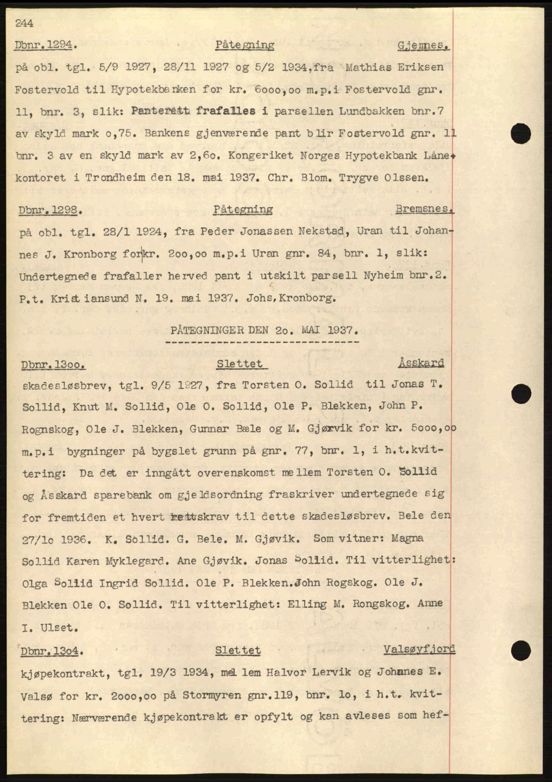 Nordmøre sorenskriveri, AV/SAT-A-4132/1/2/2Ca: Mortgage book no. C80, 1936-1939, Diary no: : 1294/1937