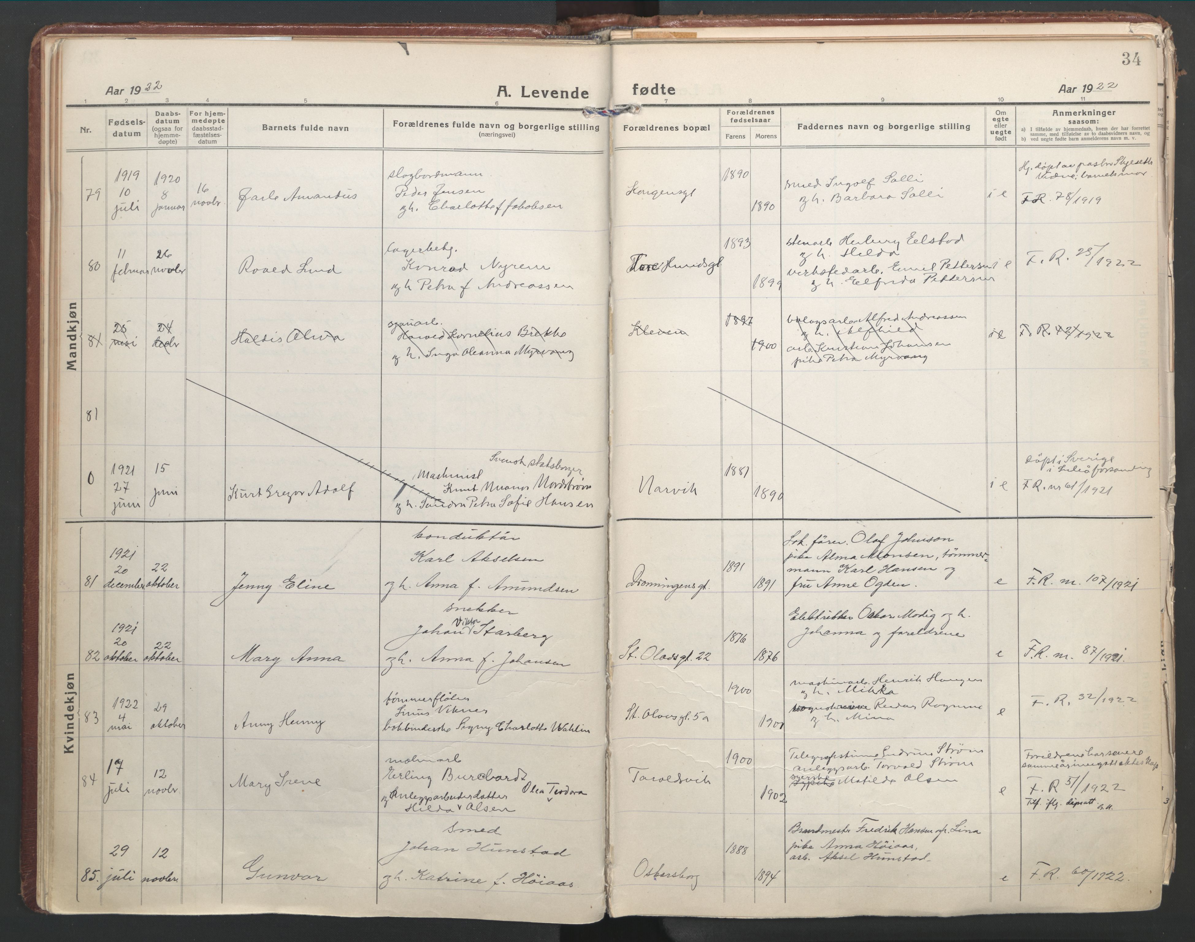 Ministerialprotokoller, klokkerbøker og fødselsregistre - Nordland, AV/SAT-A-1459/871/L1003: Parish register (official) no. 871A19, 1921-1930, p. 34