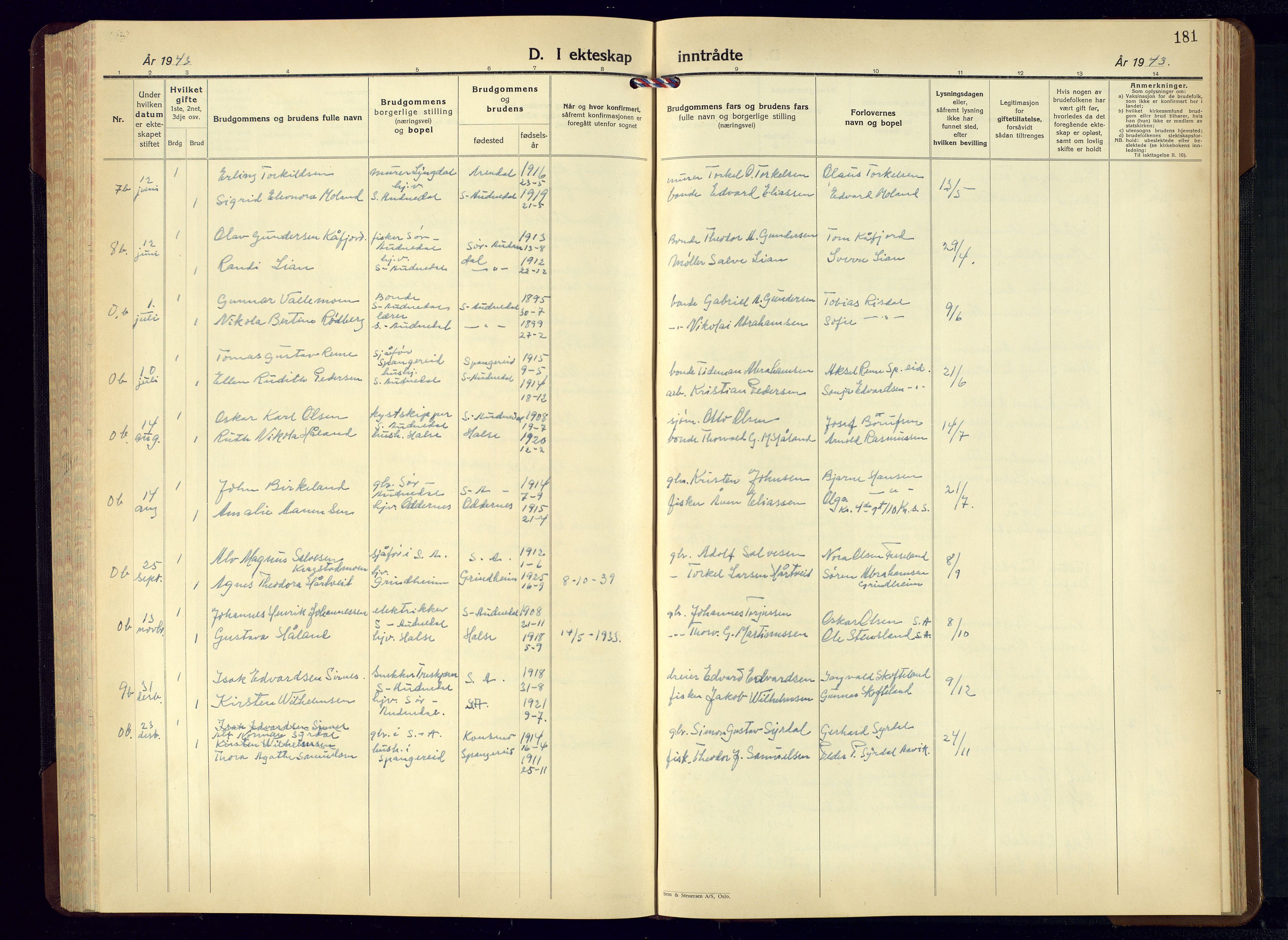 Sør-Audnedal sokneprestkontor, SAK/1111-0039/F/Fb/Fbb/L0007: Parish register (copy) no. B-7, 1939-1965, p. 181