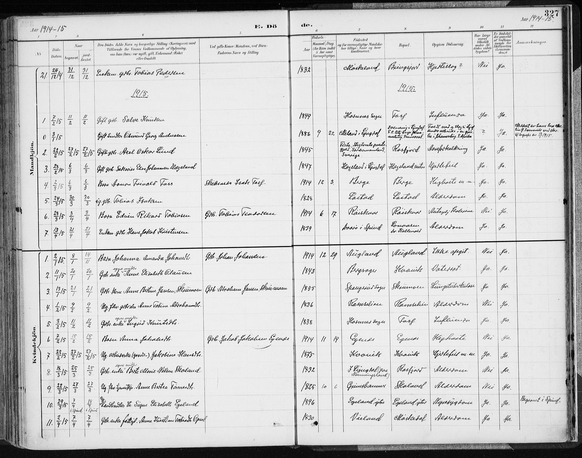 Lyngdal sokneprestkontor, AV/SAK-1111-0029/F/Fa/Fac/L0012: Parish register (official) no. A 12, 1894-1918, p. 327