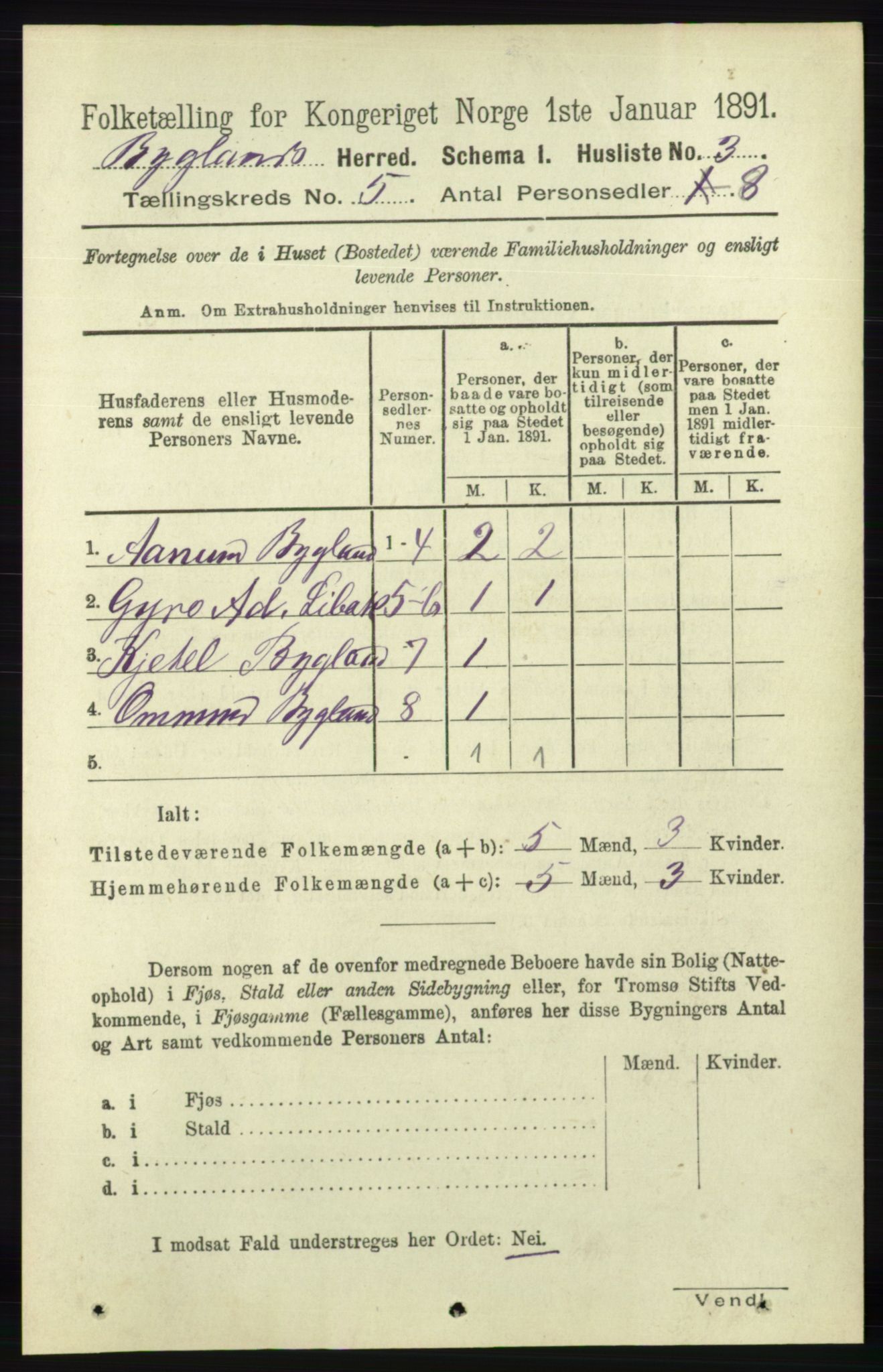 RA, 1891 census for 0938 Bygland, 1891, p. 1000