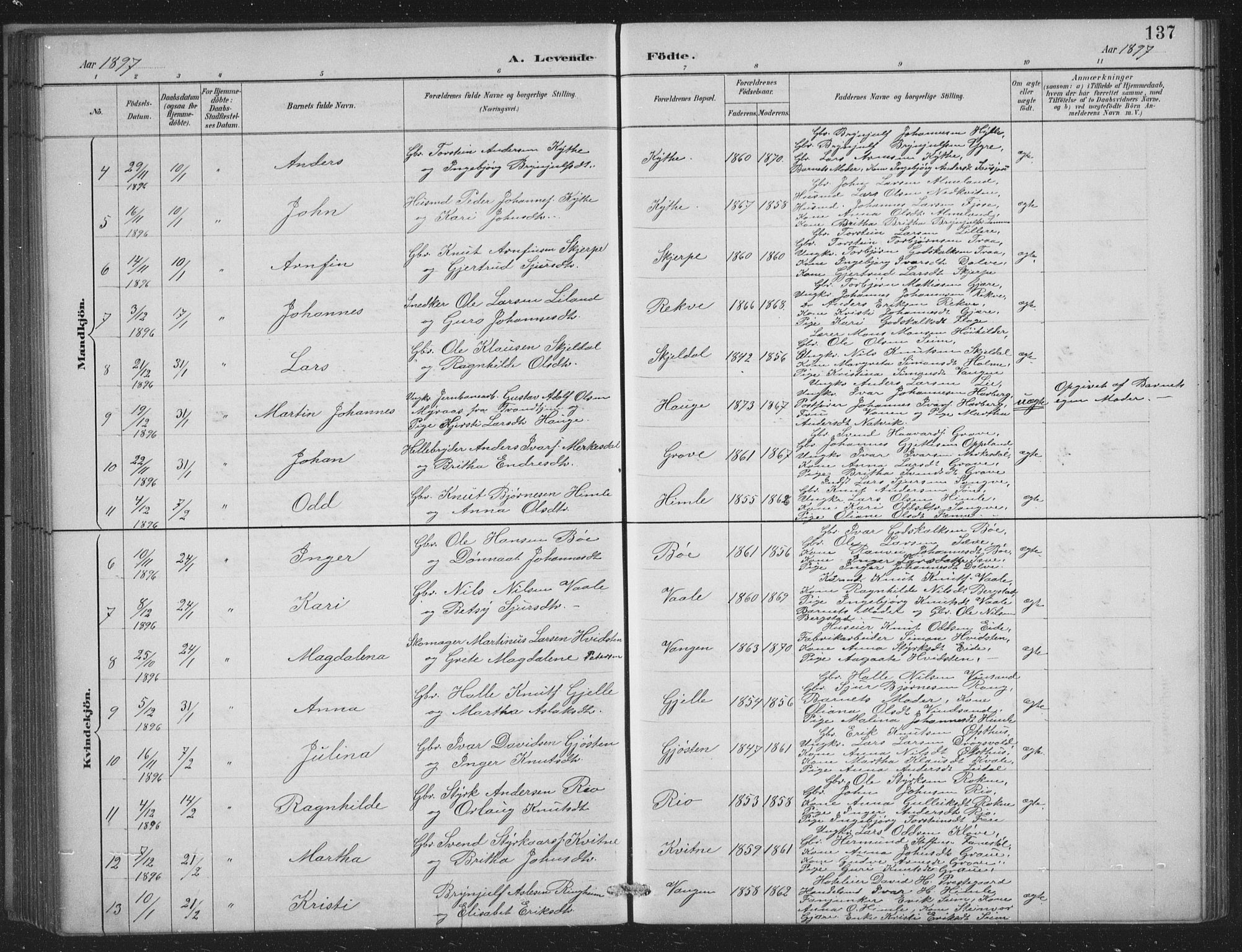 Voss sokneprestembete, SAB/A-79001/H/Hab: Parish register (copy) no. C 1, 1886-1899, p. 137