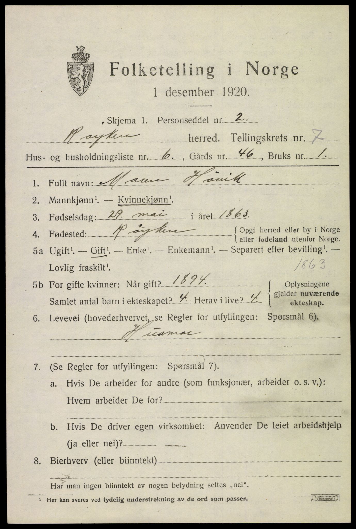 SAKO, 1920 census for Røyken, 1920, p. 11372