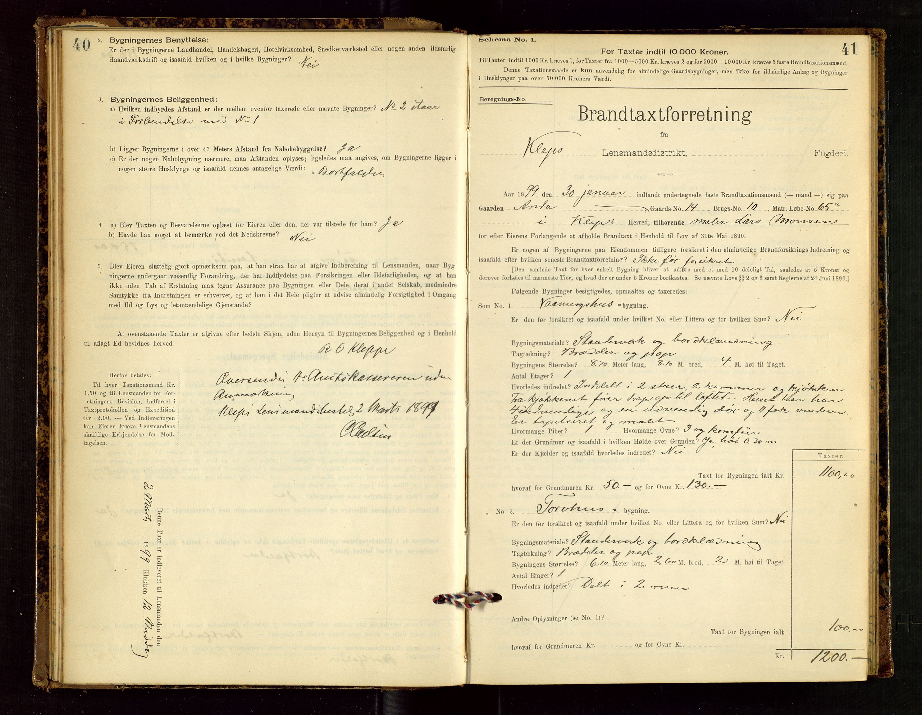 Klepp lensmannskontor, AV/SAST-A-100163/Goc/L0002: "Brandtaxationsprotokol" m/register, 1898-1902, p. 40-41