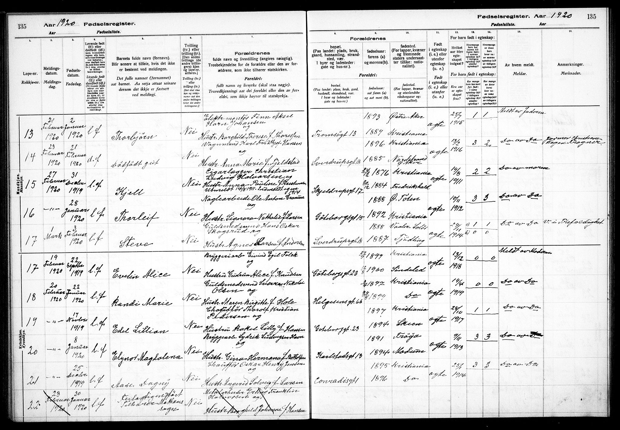 Petrus prestekontor Kirkebøker, AV/SAO-A-10872/J/Ja/L0001: Birth register no. 1, 1916-1922, p. 135