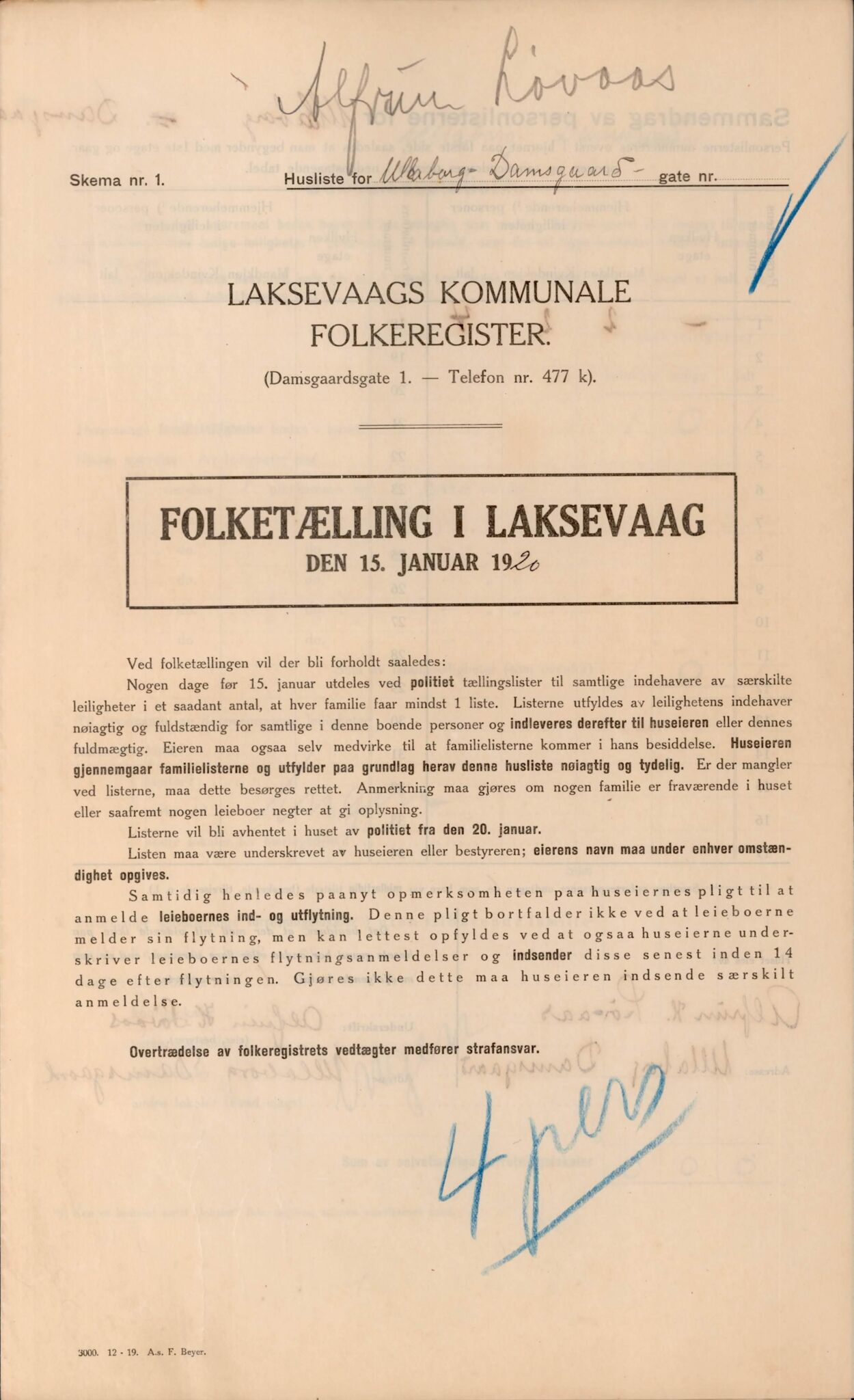 Laksevåg kommune. Folkeregisteret, BBA/A-1586/E/Ea/L0001: Folketellingskjema 1920, 1920, p. 1