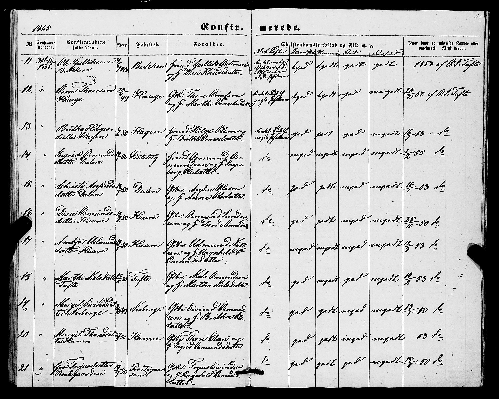 Røldal sokneprestembete, SAB/A-100247: Parish register (official) no. A 3, 1856-1870, p. 54