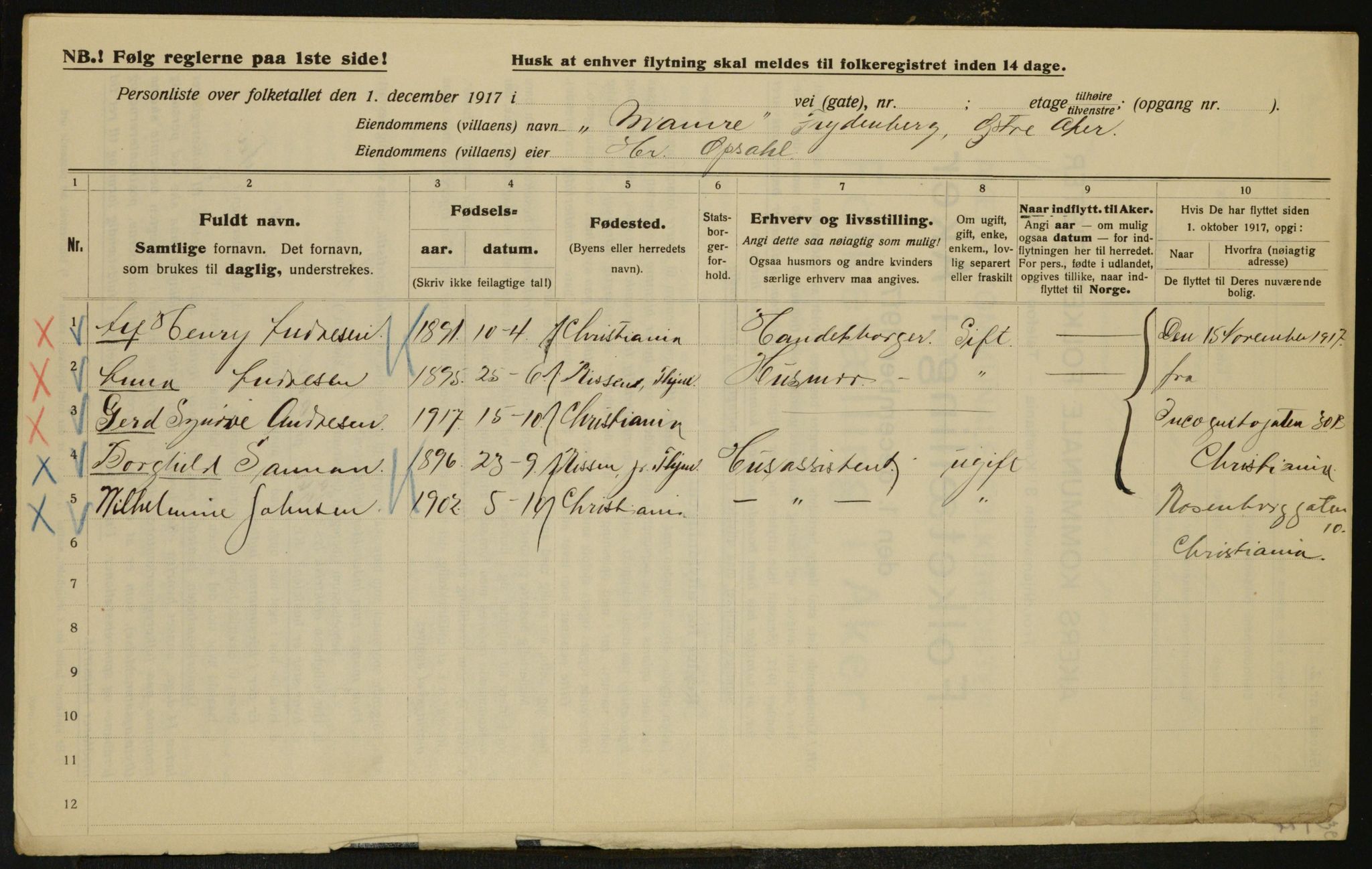 OBA, Municipal Census 1917 for Aker, 1917, p. 29520