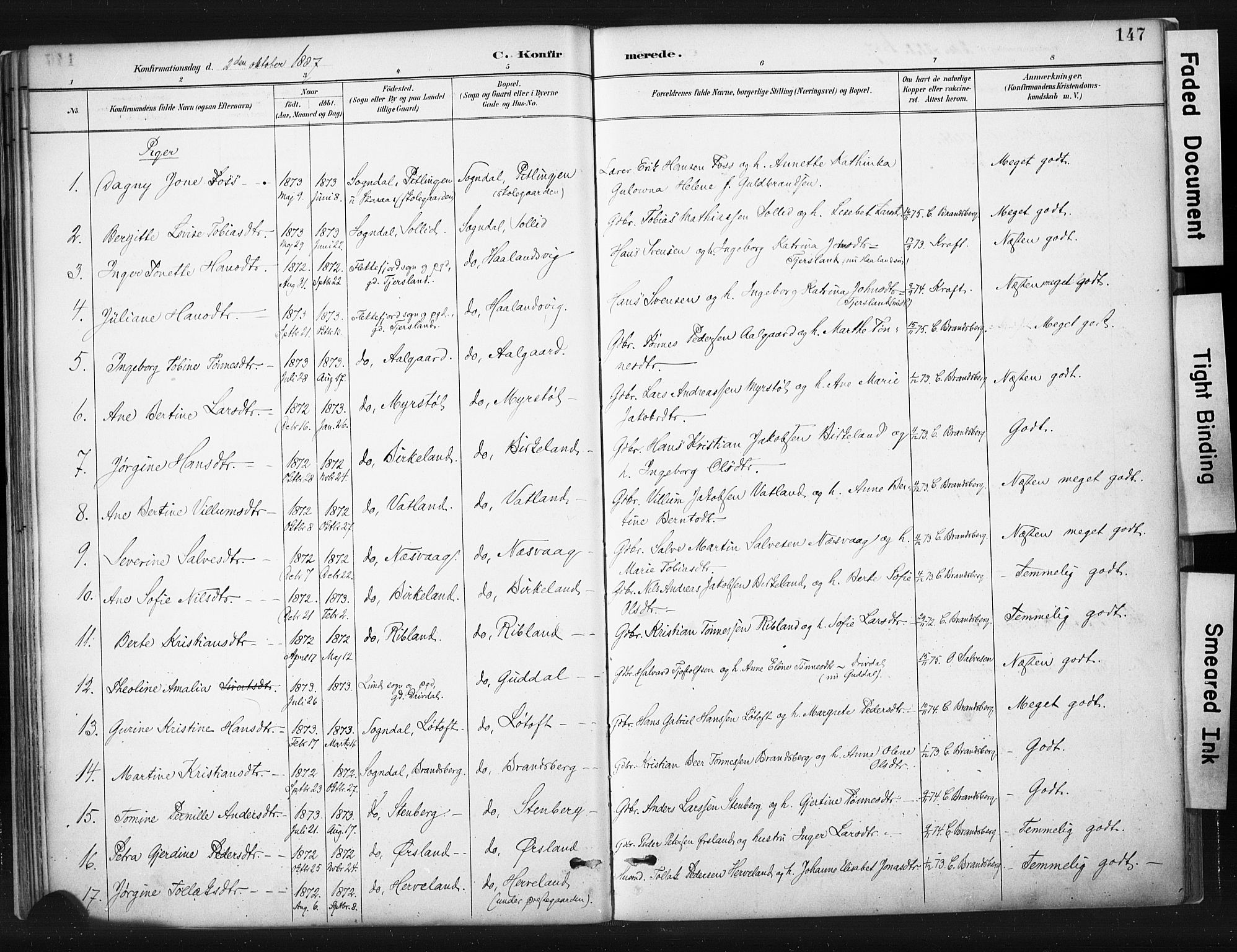 Sokndal sokneprestkontor, AV/SAST-A-101808: Parish register (official) no. A 11.1, 1887-1905, p. 147