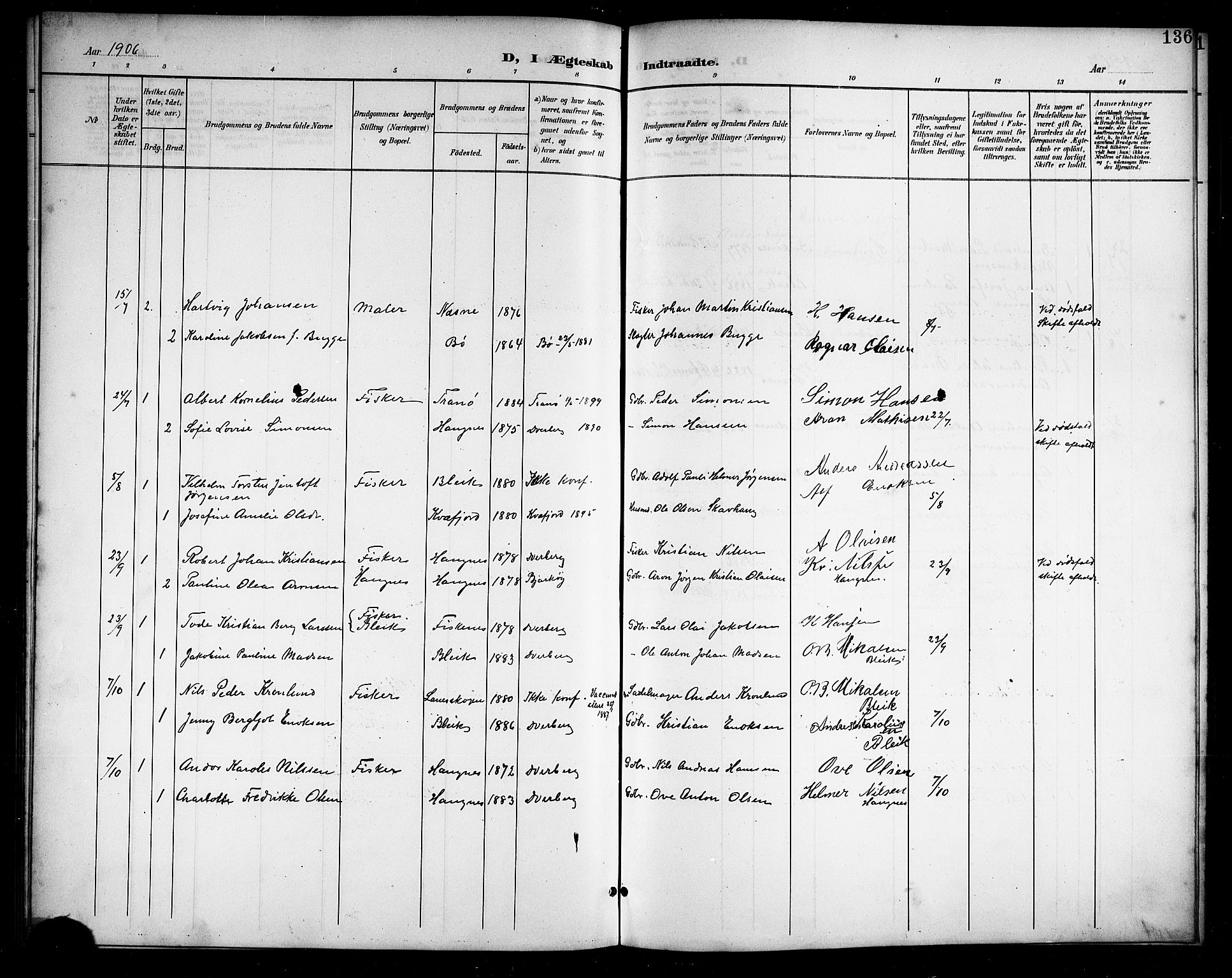 Ministerialprotokoller, klokkerbøker og fødselsregistre - Nordland, SAT/A-1459/899/L1449: Parish register (copy) no. 899C04, 1900-1918, p. 136
