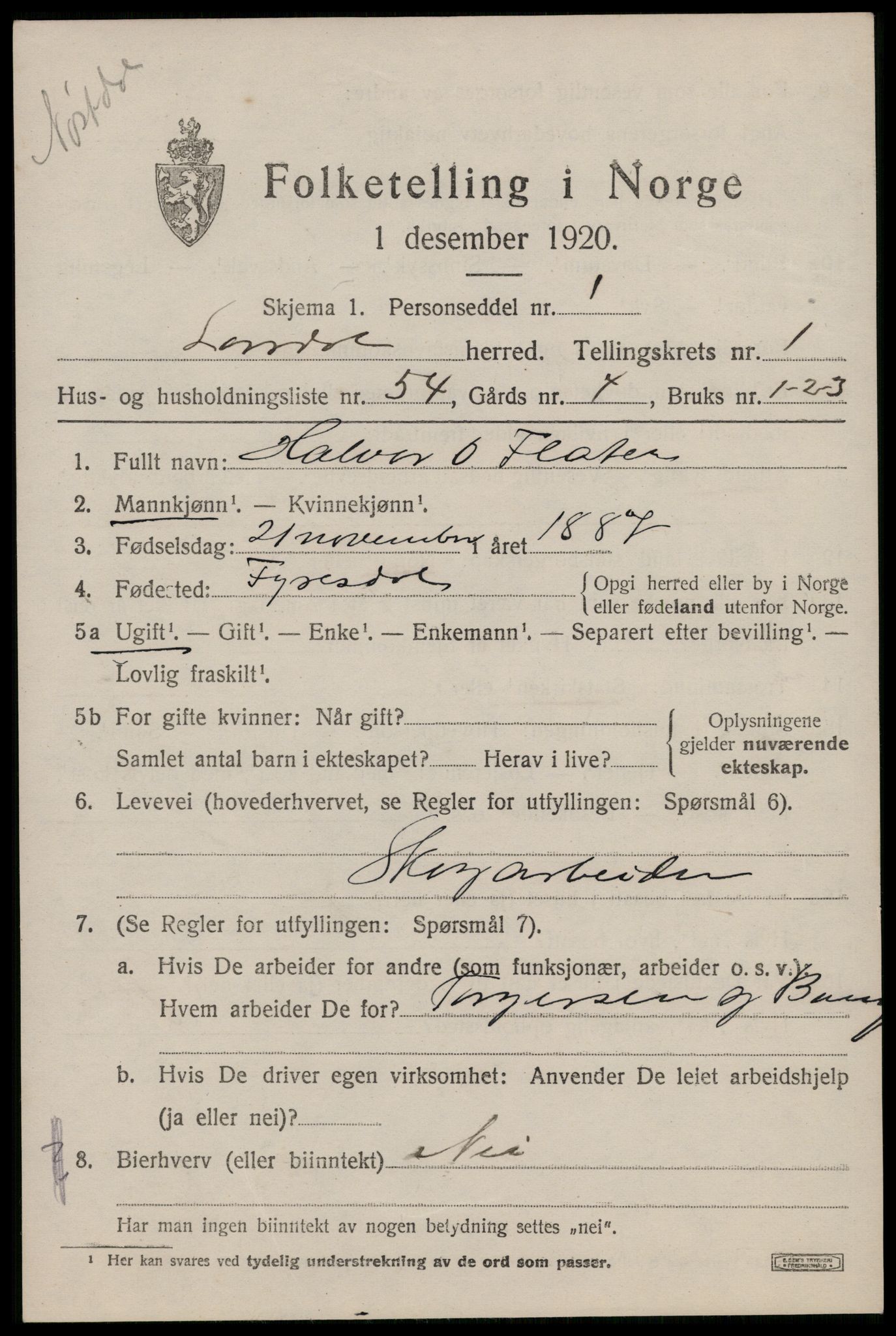 SAKO, 1920 census for Lårdal, 1920, p. 1191