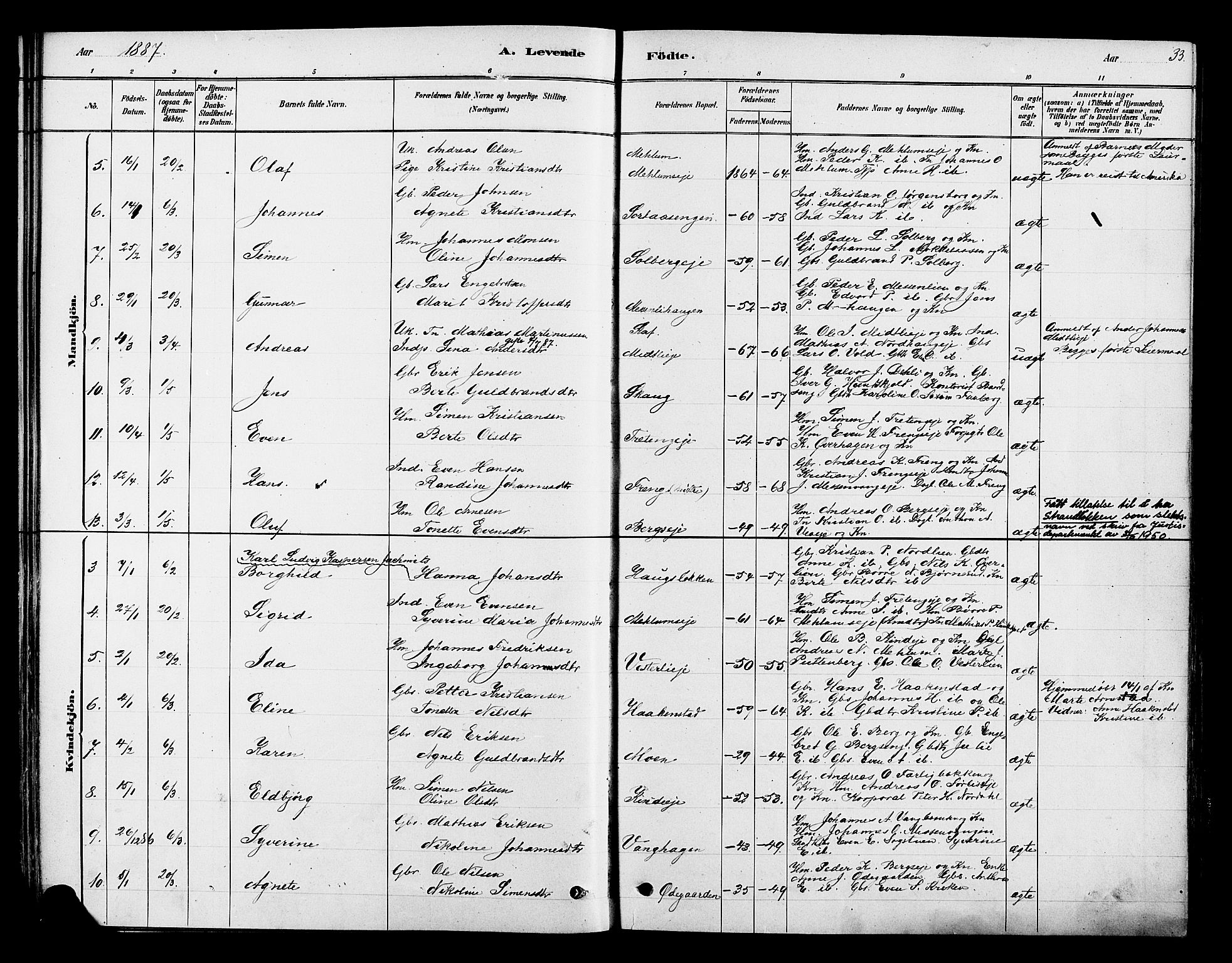 Ringsaker prestekontor, AV/SAH-PREST-014/K/Ka/L0013: Parish register (official) no. 13, 1879-1890, p. 33